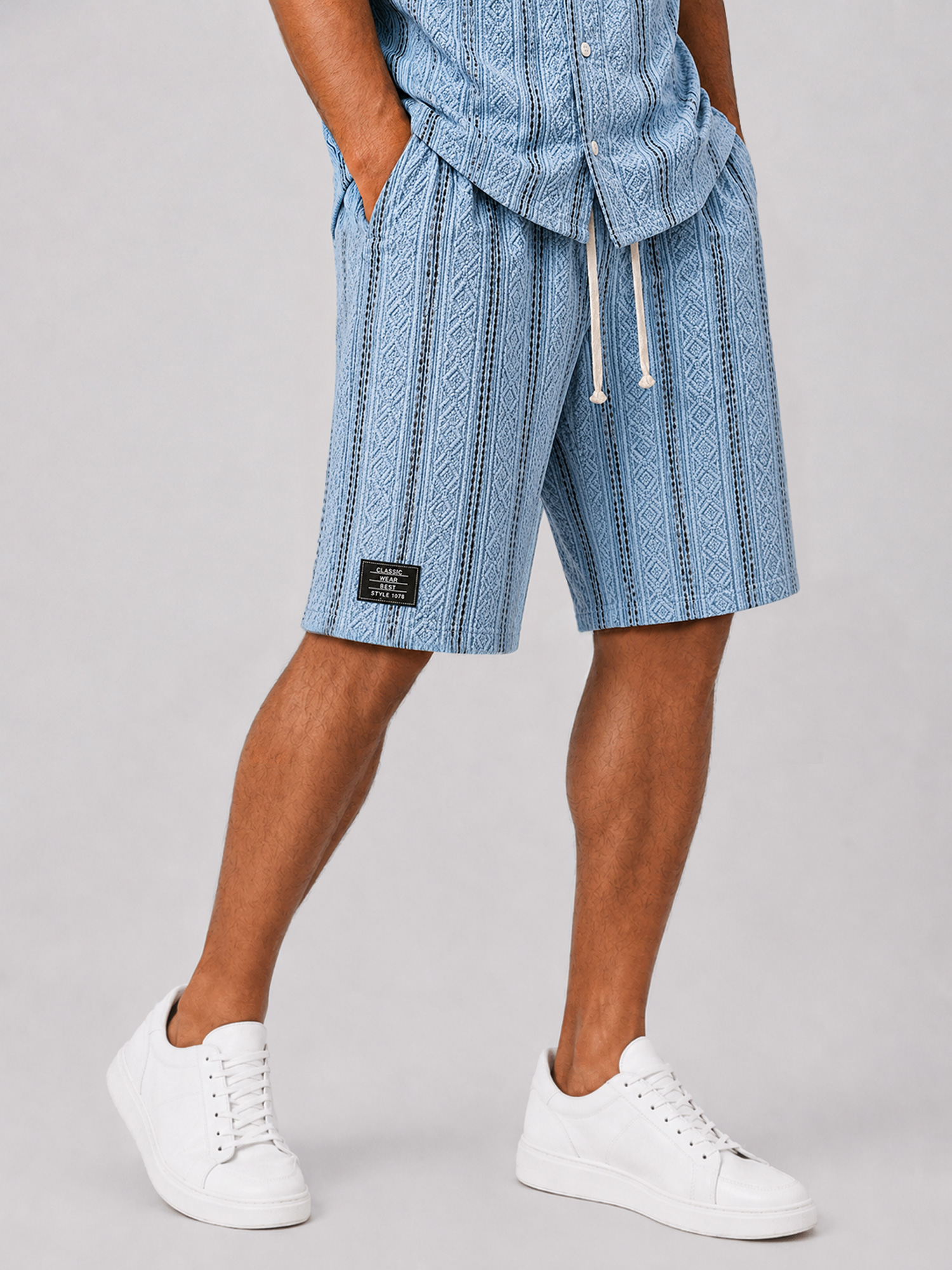 Men's Casual Jacquard Textured Solid Color Shirt and Shorts Two-Piece Set