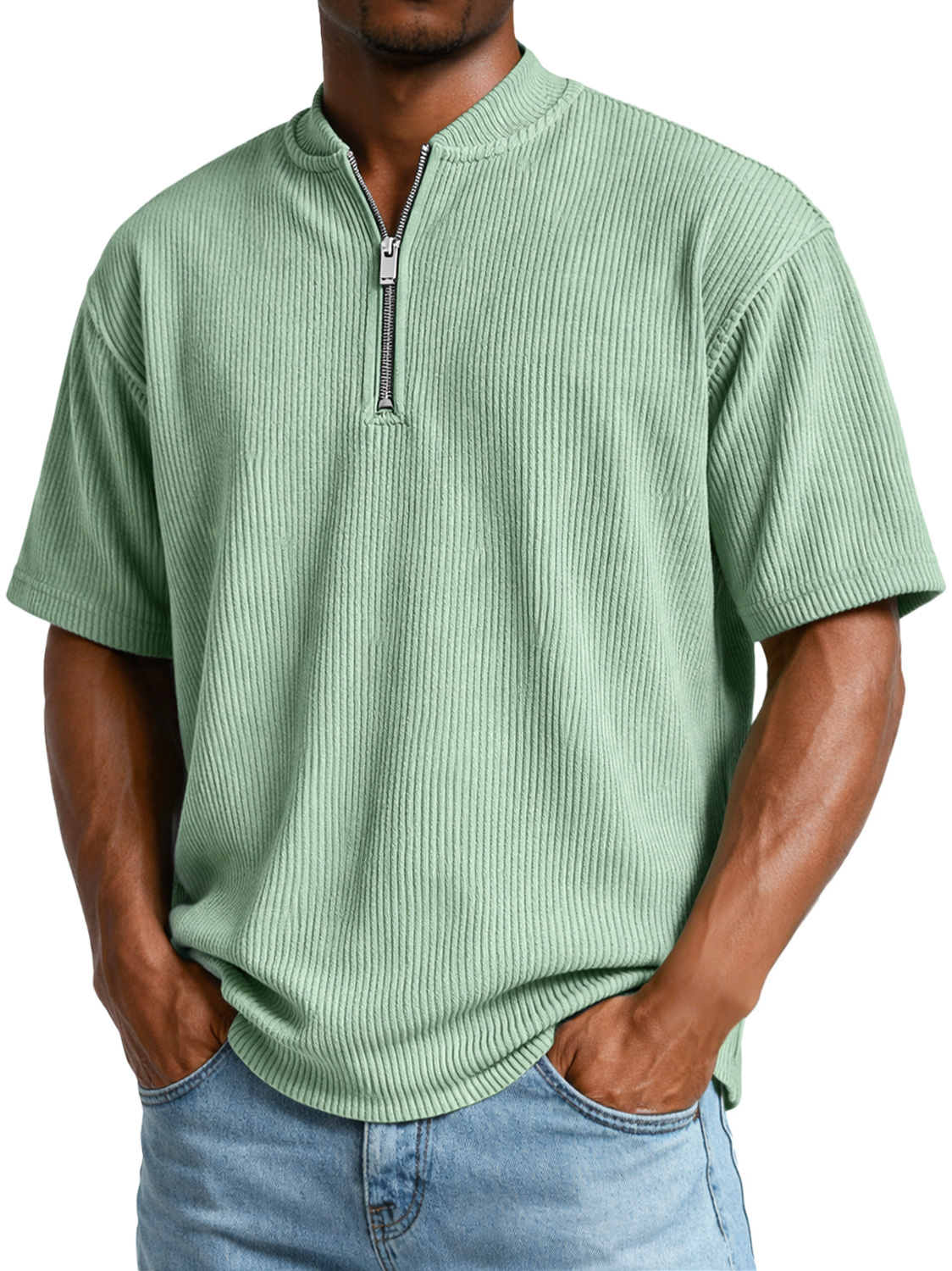 Men's Everyday Ribbed Zip-up Short-sleeved Casual T-shirt