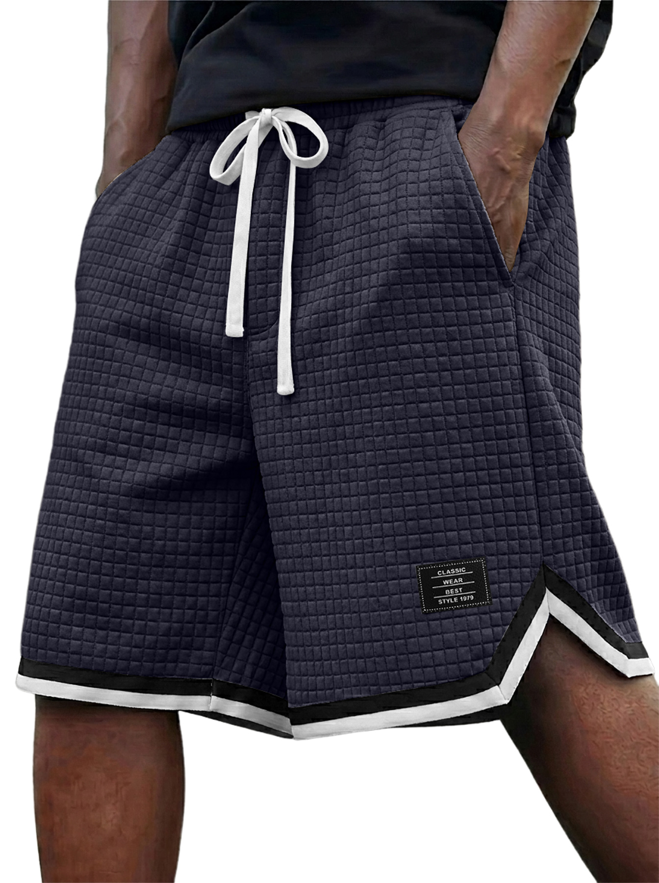 Men's Waffle Weave Ribbon Embroidered Logo Casual Shorts