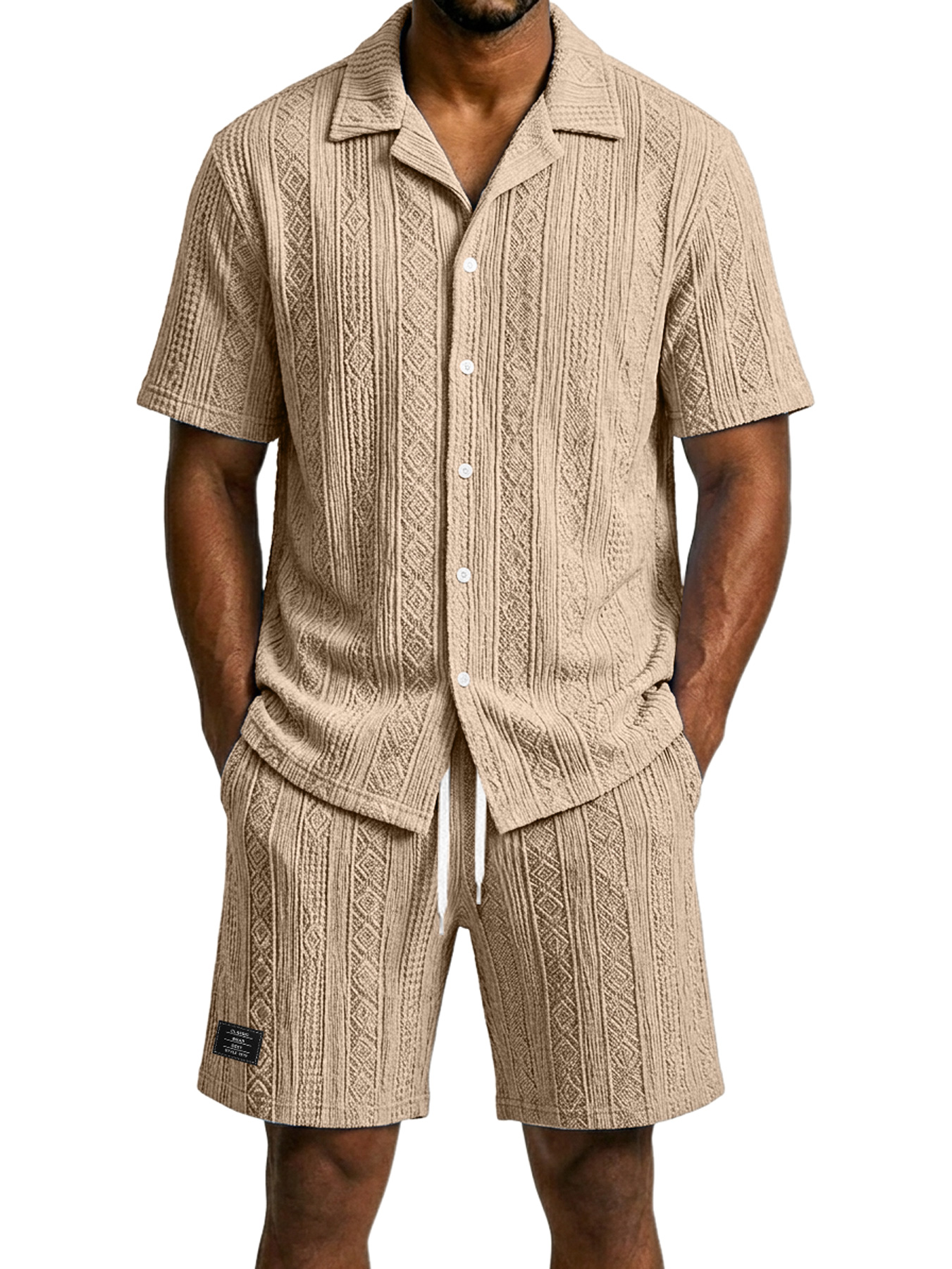 Men's Casual Jacquard Textured Solid Color Shirt and Shorts Two-Piece Set