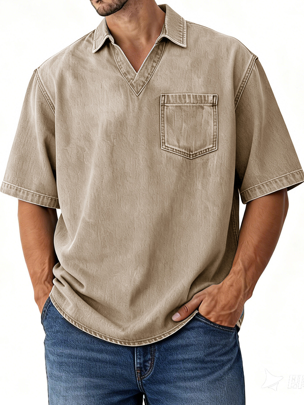 Men's Retro Distressed V-Neck Pocket Short-Sleeve Polo Shirt
