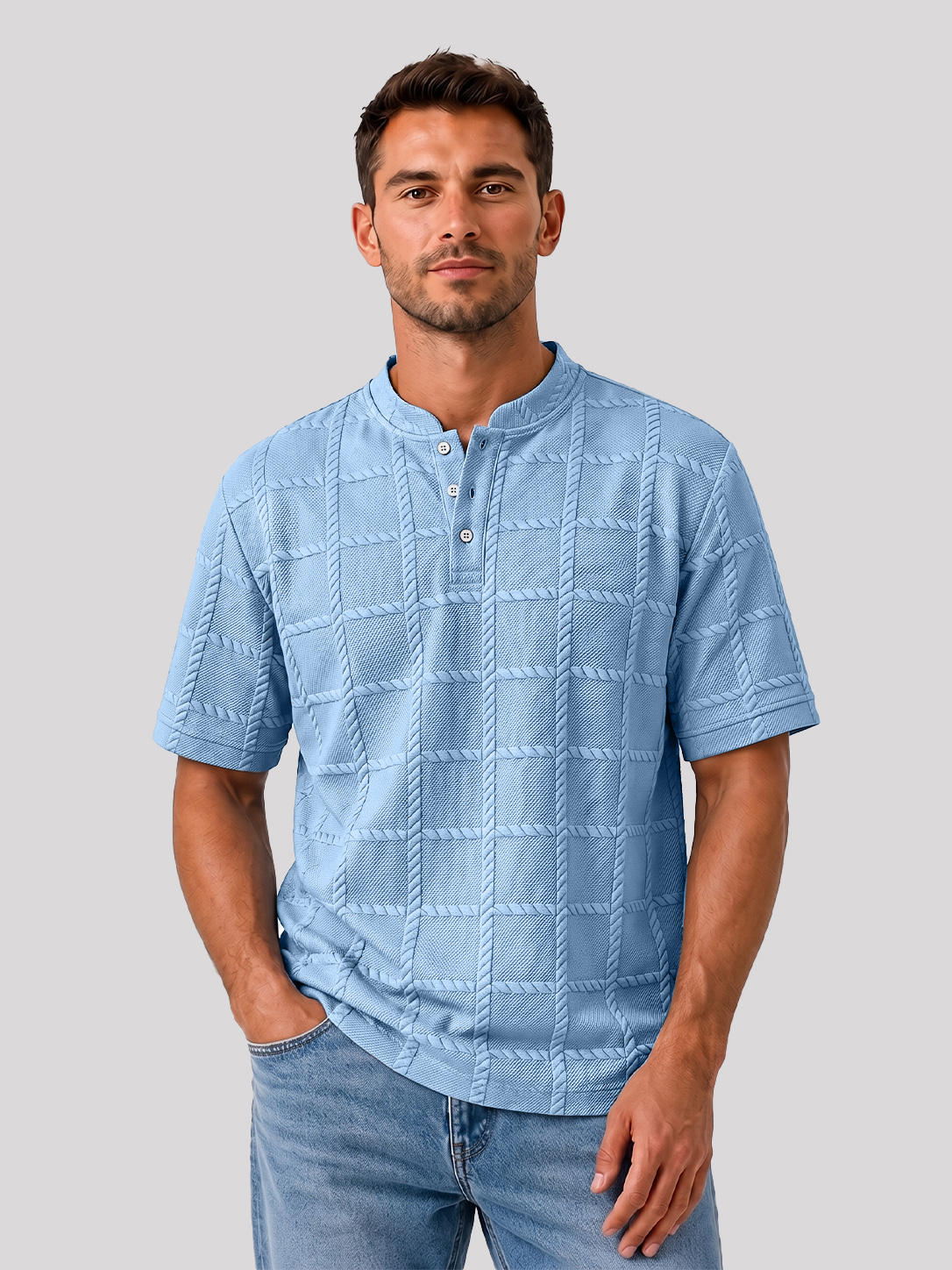 Men's Casual Textured Stand-Collar Button-Front Solid-Color Short-Sleeve Henley Shirt