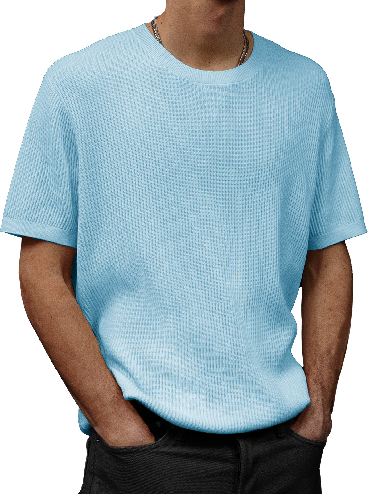 Men's Fashion Casual Waffle Fabric Round Neck Short-sleeved T-shirt
