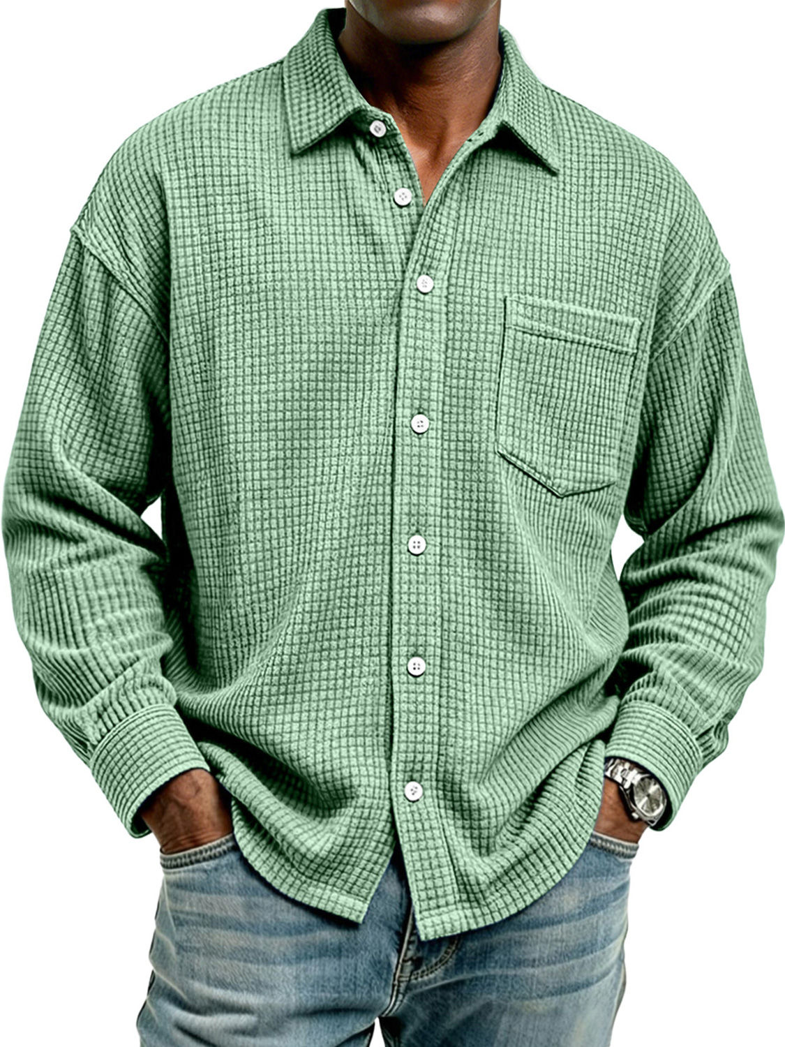 Men's Retro Corduroy Check Casual Pocket Long-Sleeve Shirt