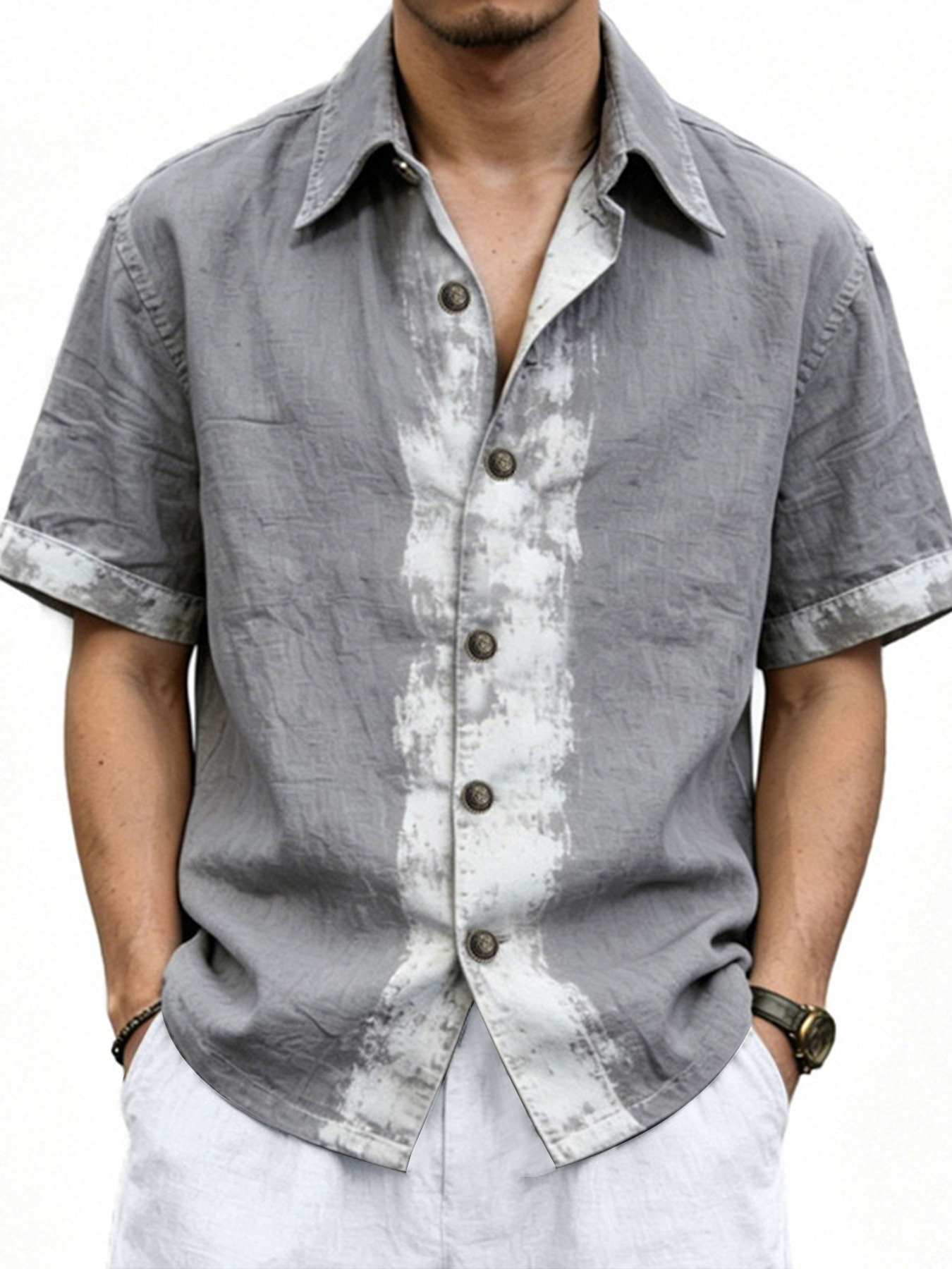 Men's Retro Linen Splatter Graffiti Casual Short-Sleeve Shirt