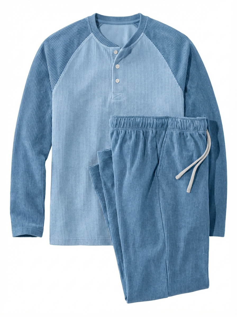 Men's Casual Corduroy Raglan Sleeve Henley Shirt And Pants Set OOTD
