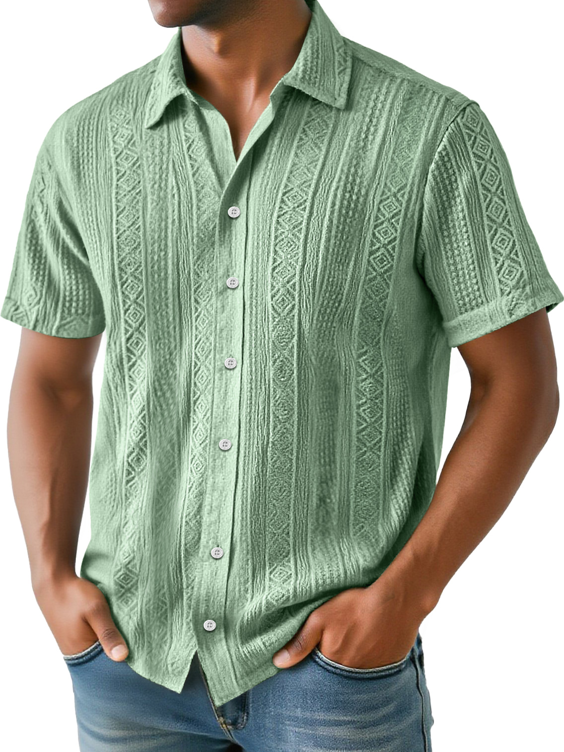 Men's Daily Simple Jacquard Texture Casual And Comfortable Solid Color Short-sleeved Shirt