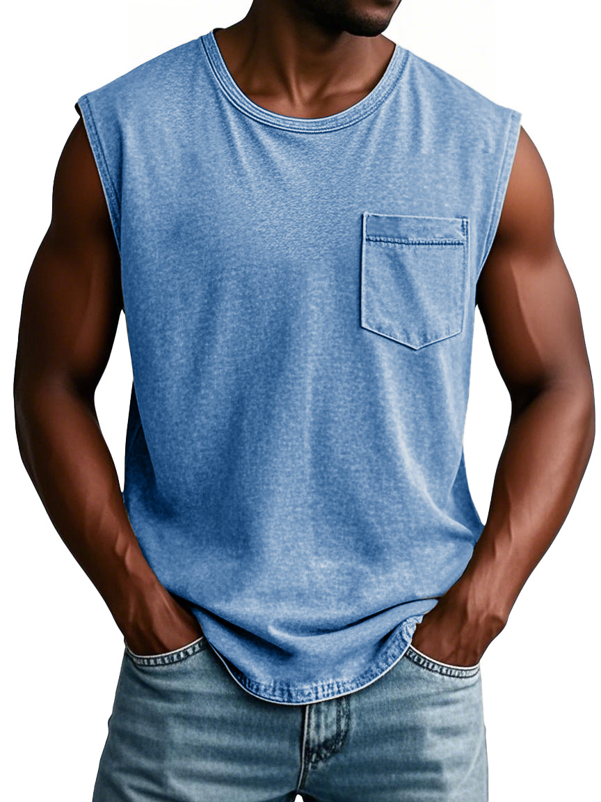 Men's Fashion Retro Round Neck Sleeveless Pocket T-shirt