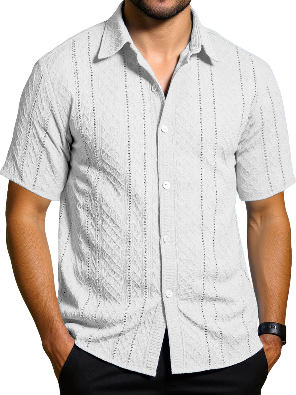 Men's Fashion Daily Casual Jacquard Fabric Short-sleeved Lapel Shirt