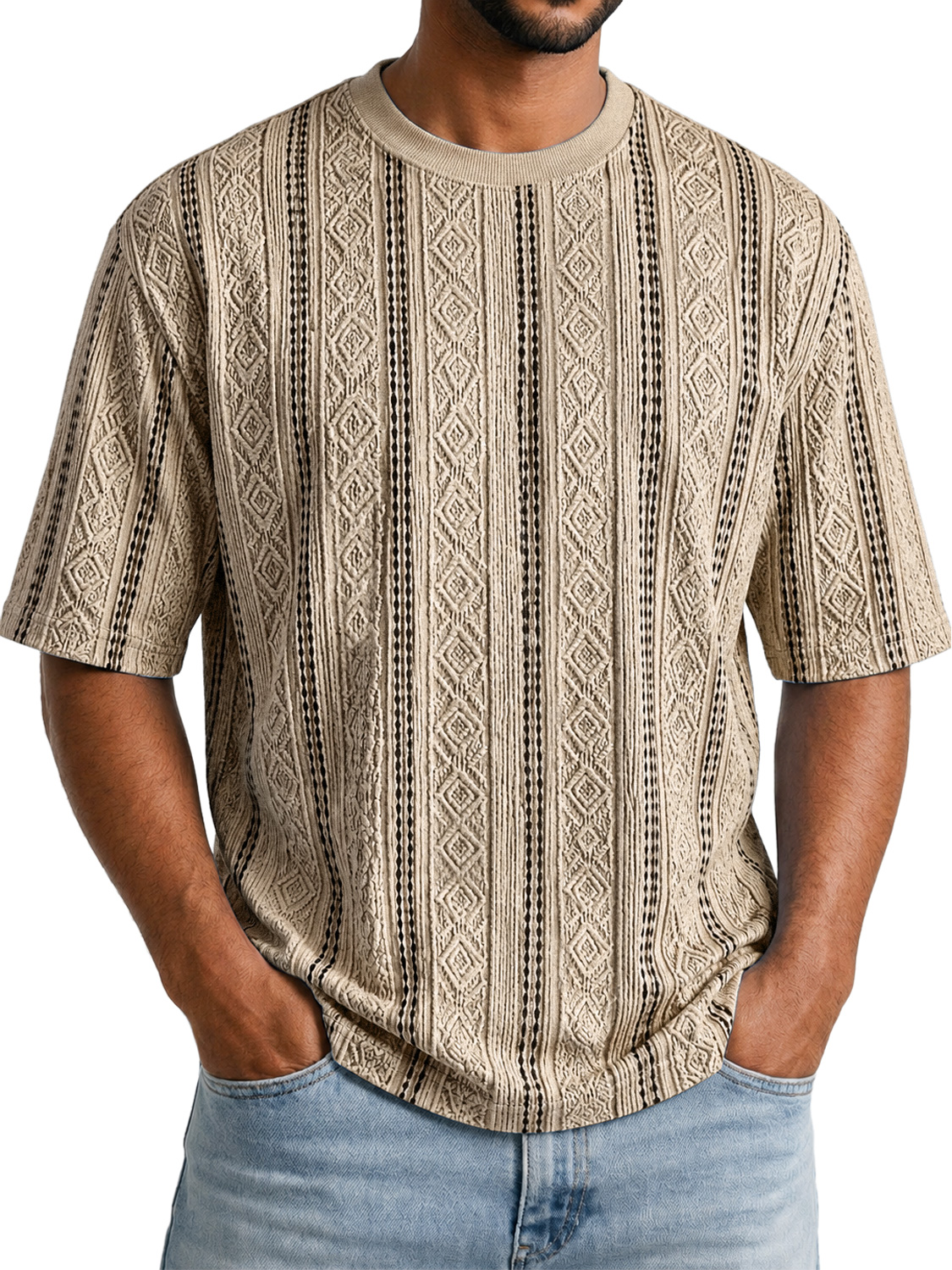 Men's Solid-Color Short-Sleeve Crew-Neck T-Shirt with Jacquard Texture