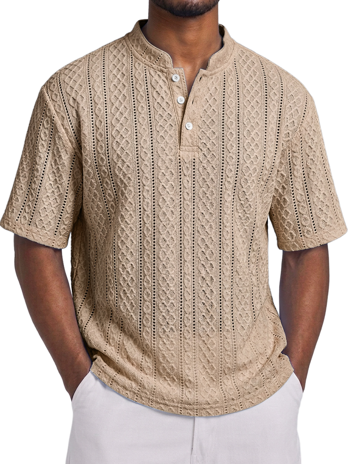 Men's Short-Sleeve Henley Shirt with Stand Collar, Button Placket, and Textured Jacquard Finish