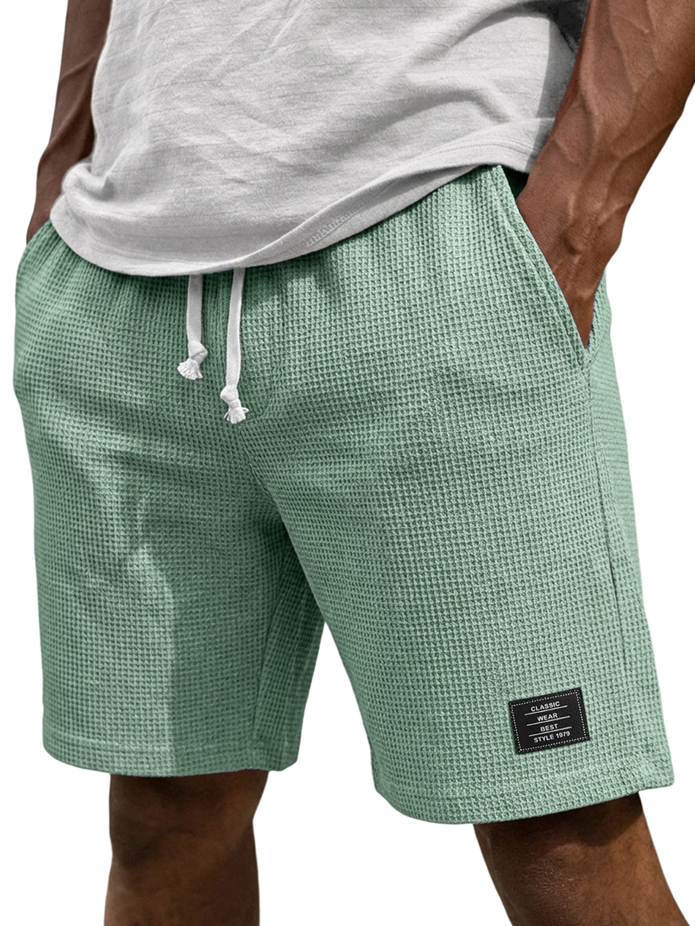 Men's Casual Waffle Embroidered Logo Elastic Waist Loose Shorts