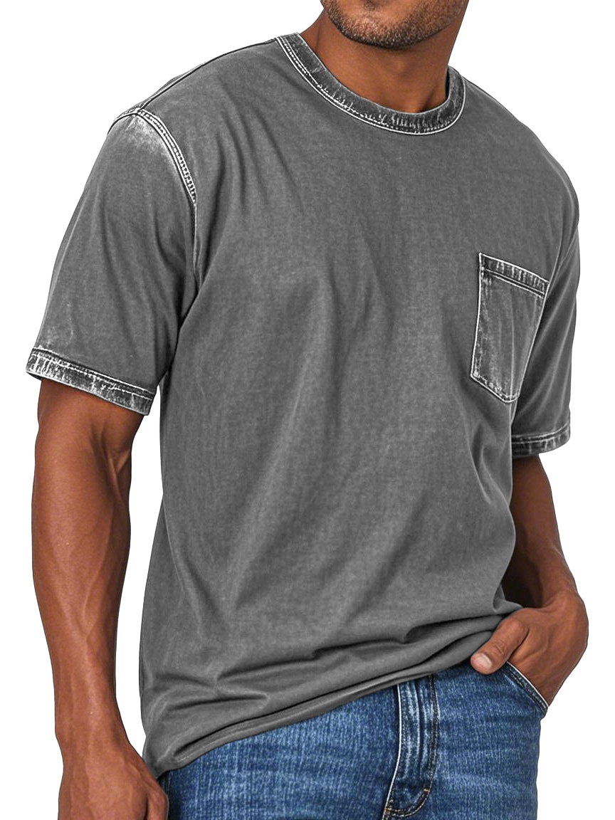 Men's Fashion Retro Washed Round Neck Pocket Short Sleeve T-shirt