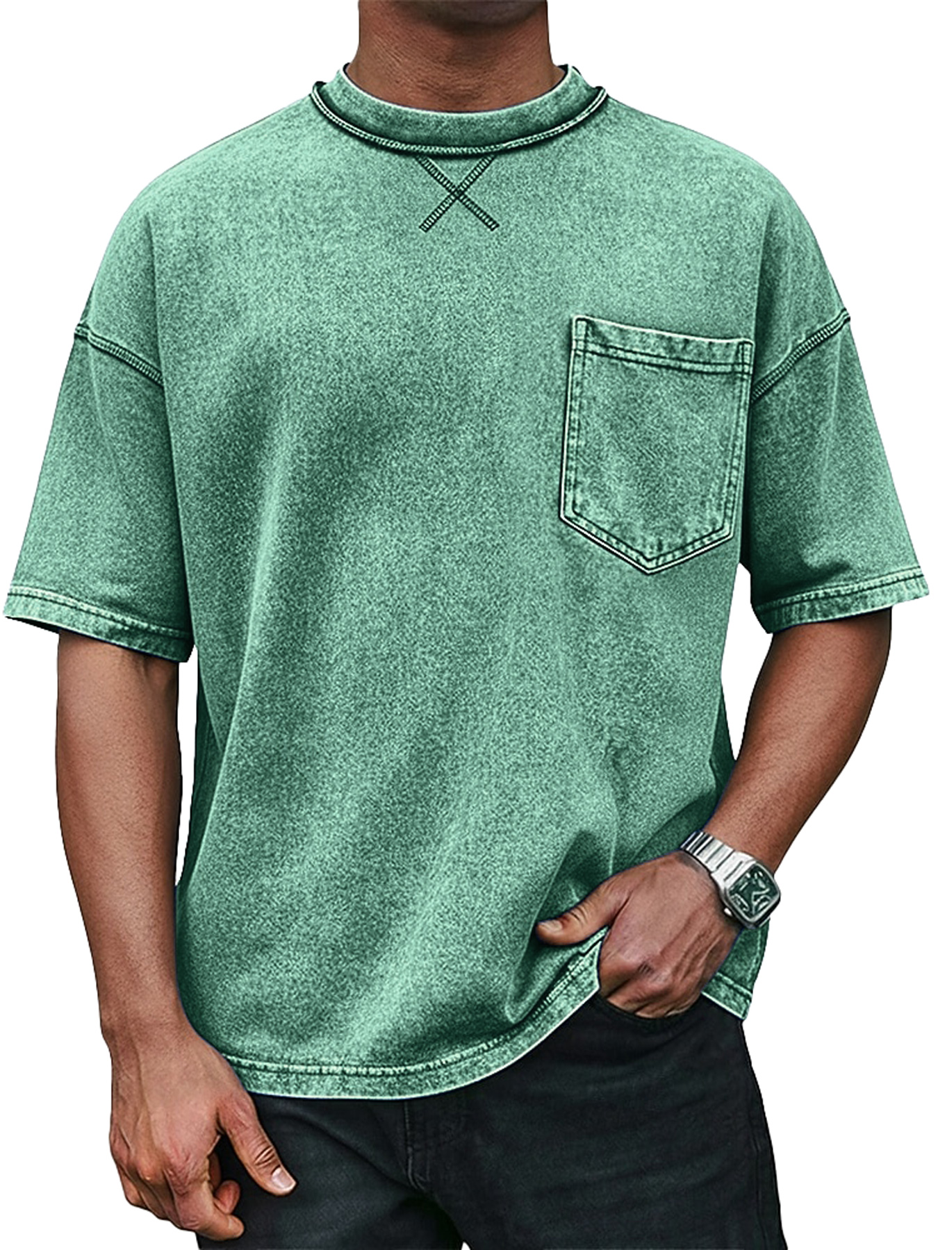 Men's Retro Crew Neck Crossover Design Casual Pocket Short-Sleeve T-Shirt