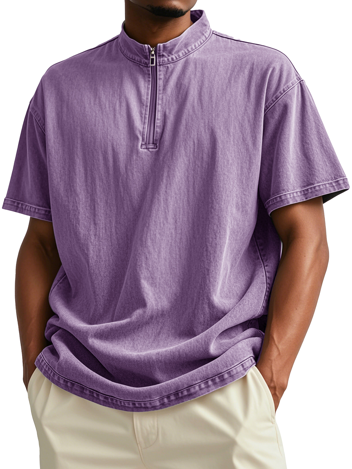 Men's Fashion Retro Distressed Short-sleeved Stand-up Collar Polo Shirt