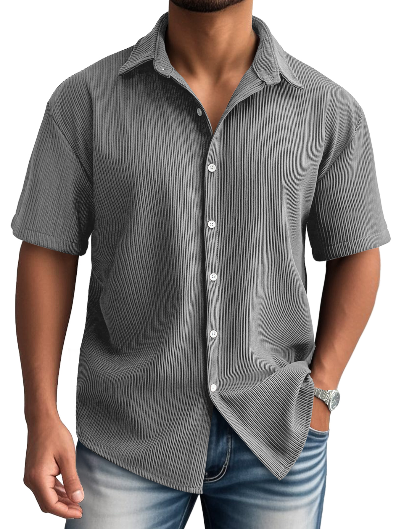 Men's Daily Lapel Ribbed Casual Comfortable Short-sleeved Shirt