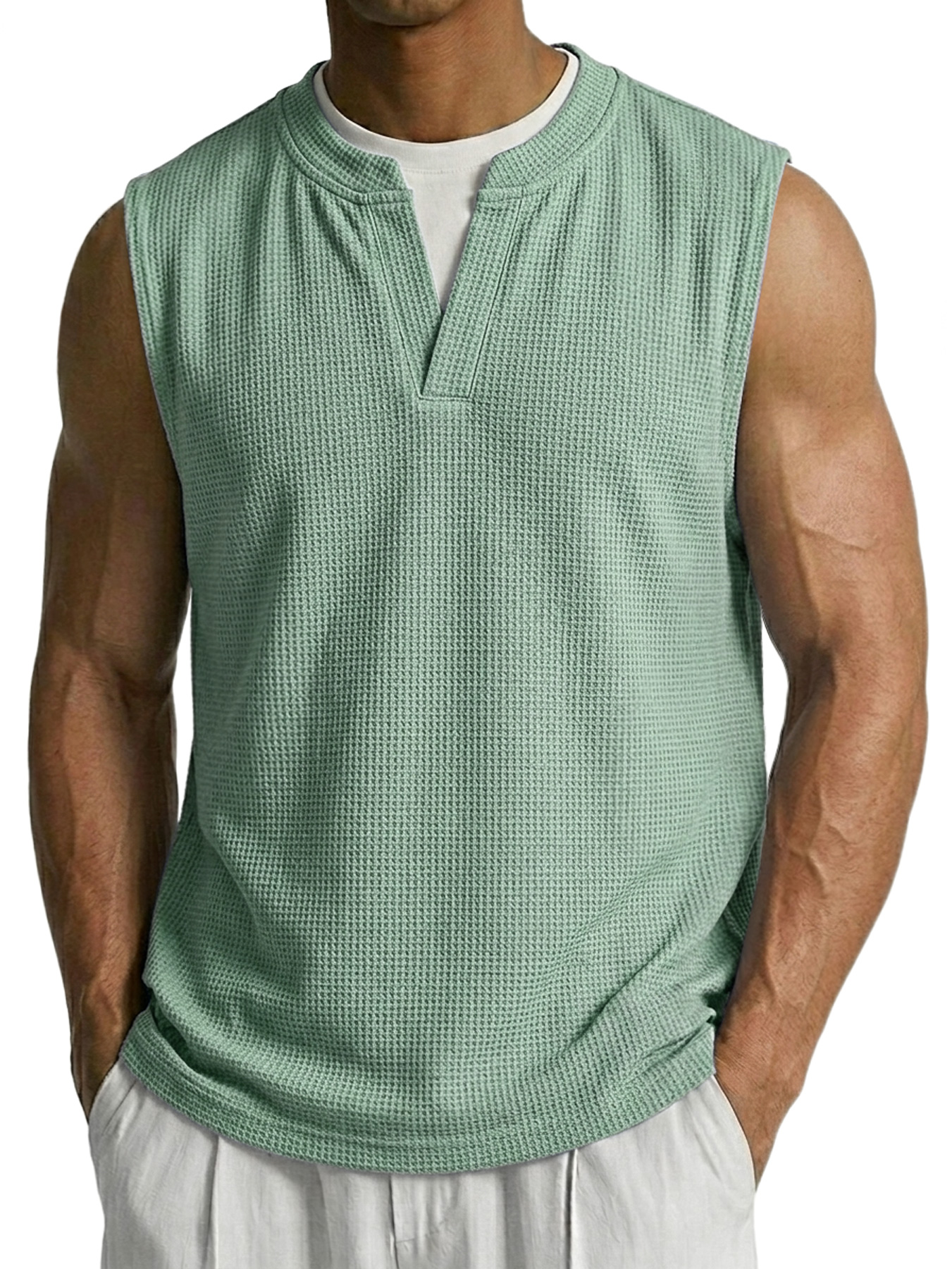 Men's Waffle-knit Faux Two-piece Casual Comfortable Sleeveless Vest