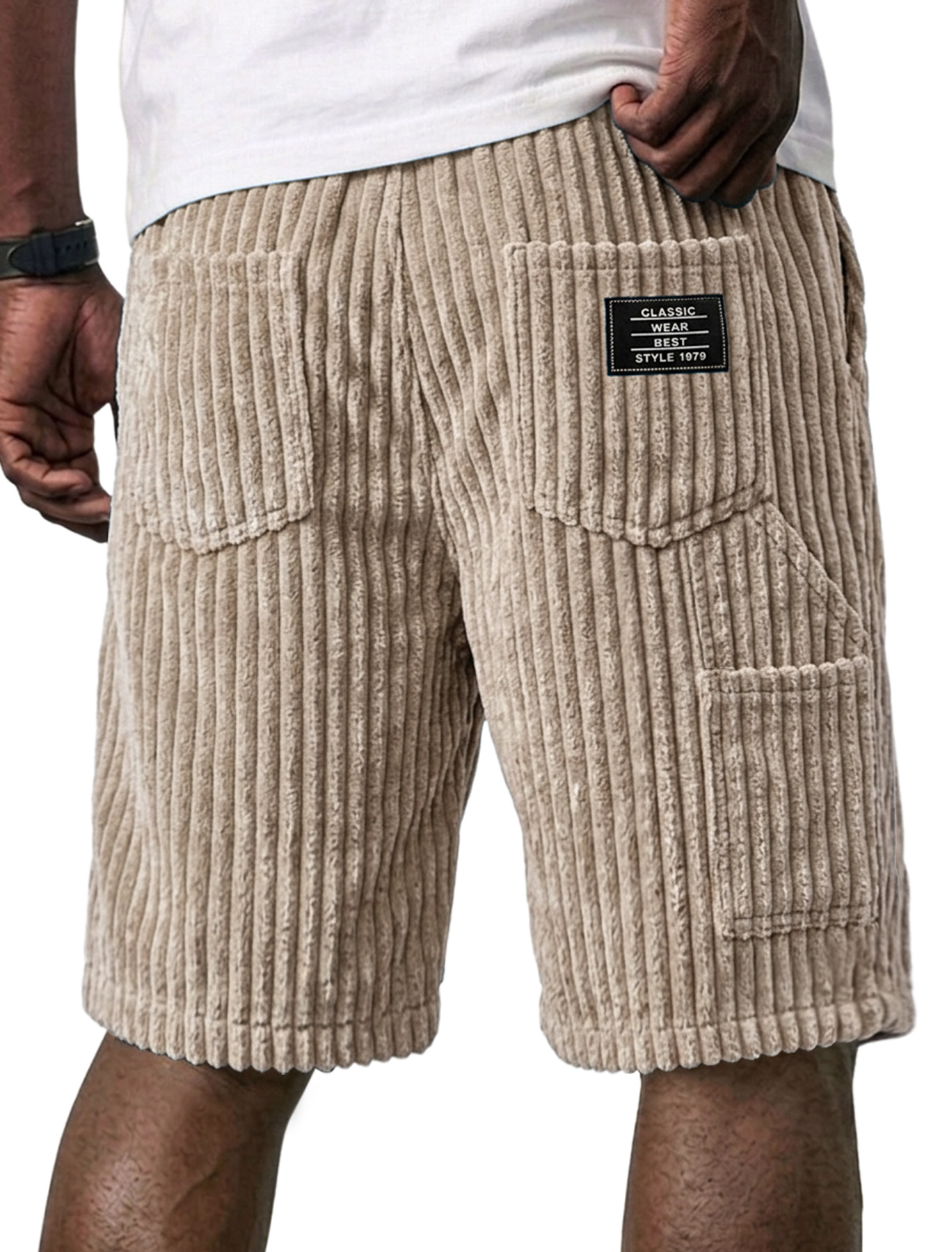 Men's Retro Corduroy Multi-Pocket Embroidered Logo Casual Work Shorts