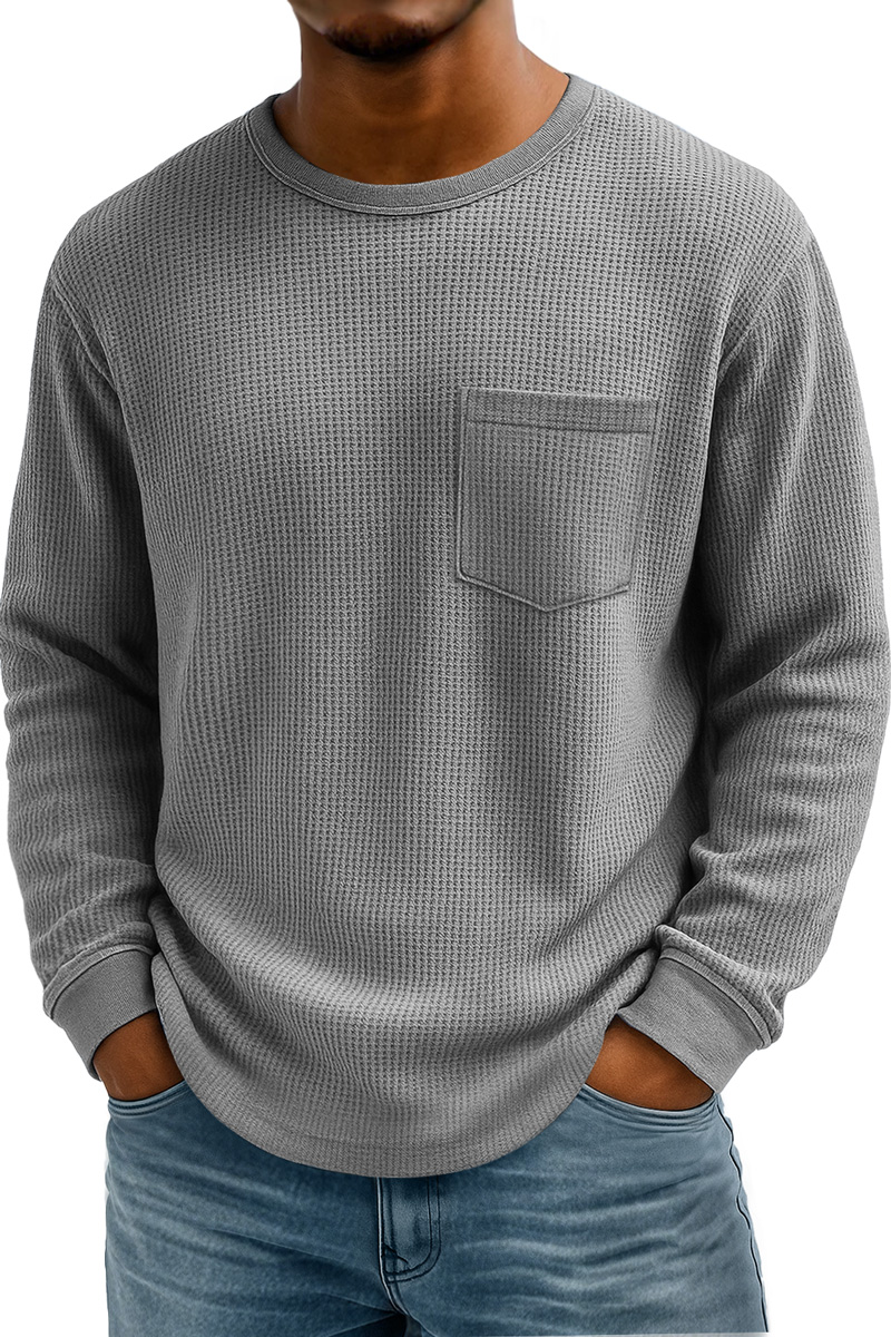 Men's Waffle Casual Crew Neck Pocket Long Sleeve T-Shirt