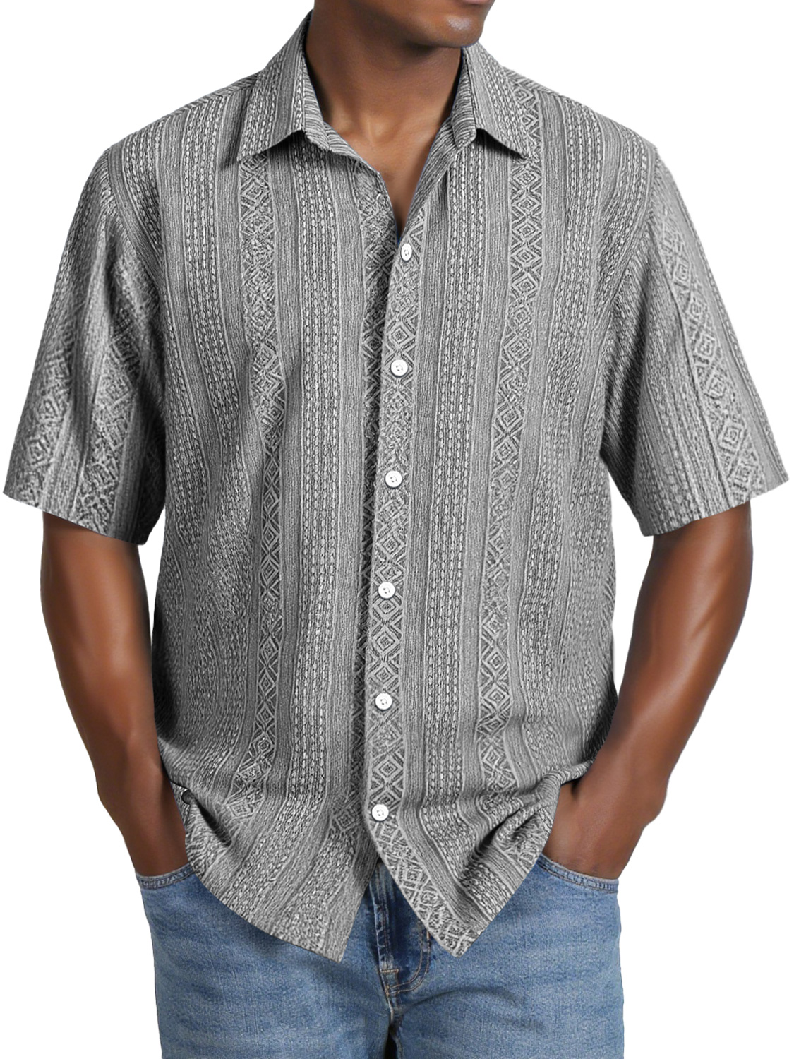 Men's Daily Casual Jacquard Texture Lapel Comfortable Short-sleeved Shirt