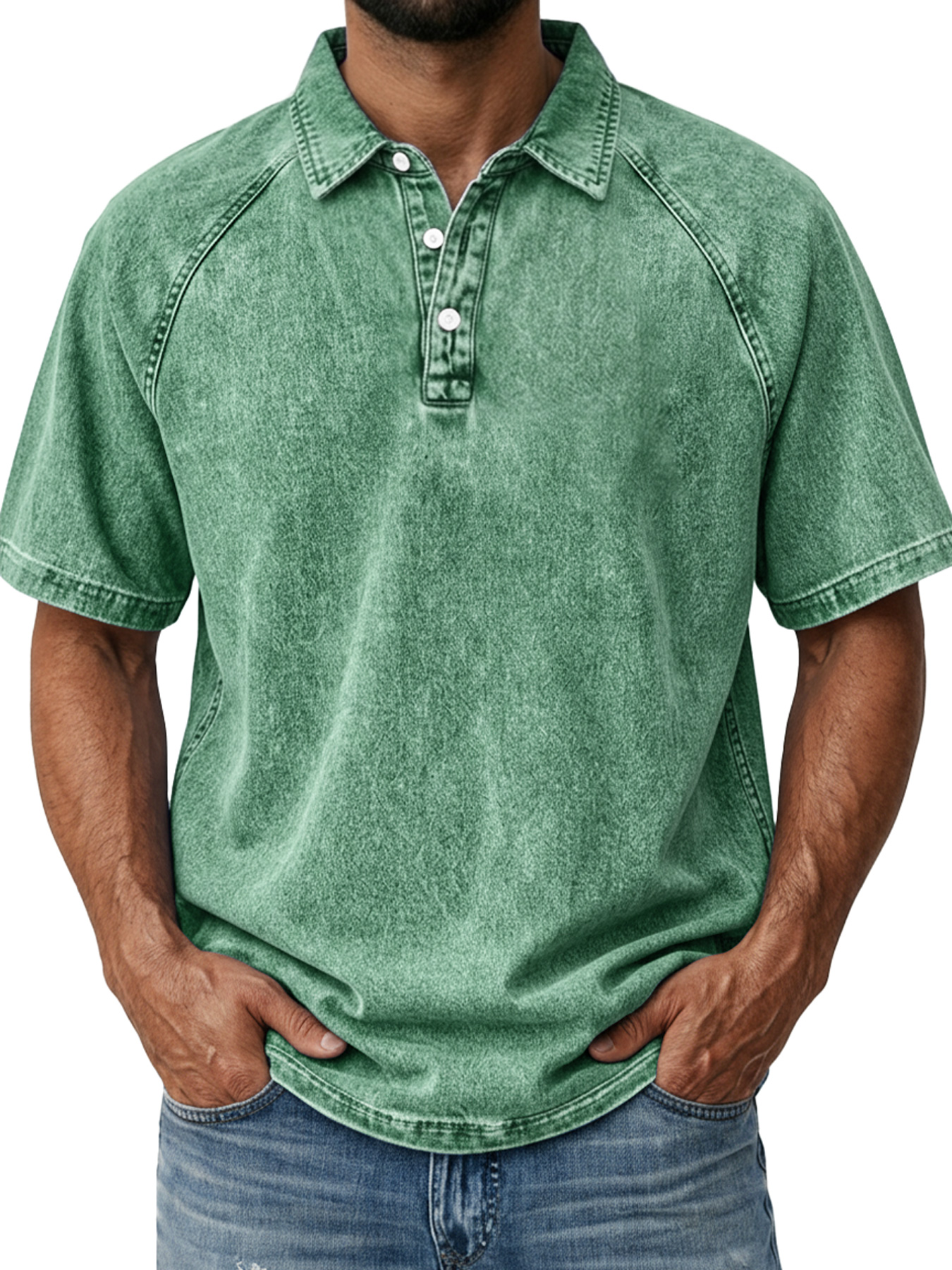 Men's Casual Retro Raglan Collar Button-Down Short Sleeve Polo Shirt