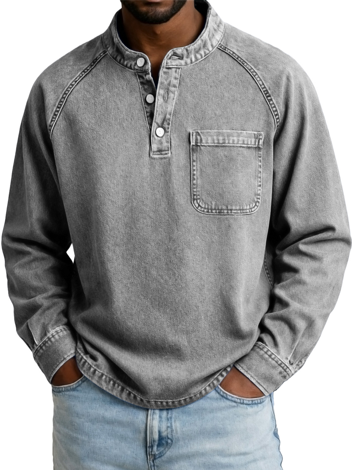 Men's Vintage Casual Raglan Sleeve Pocket Long-sleeved Henley Shirt