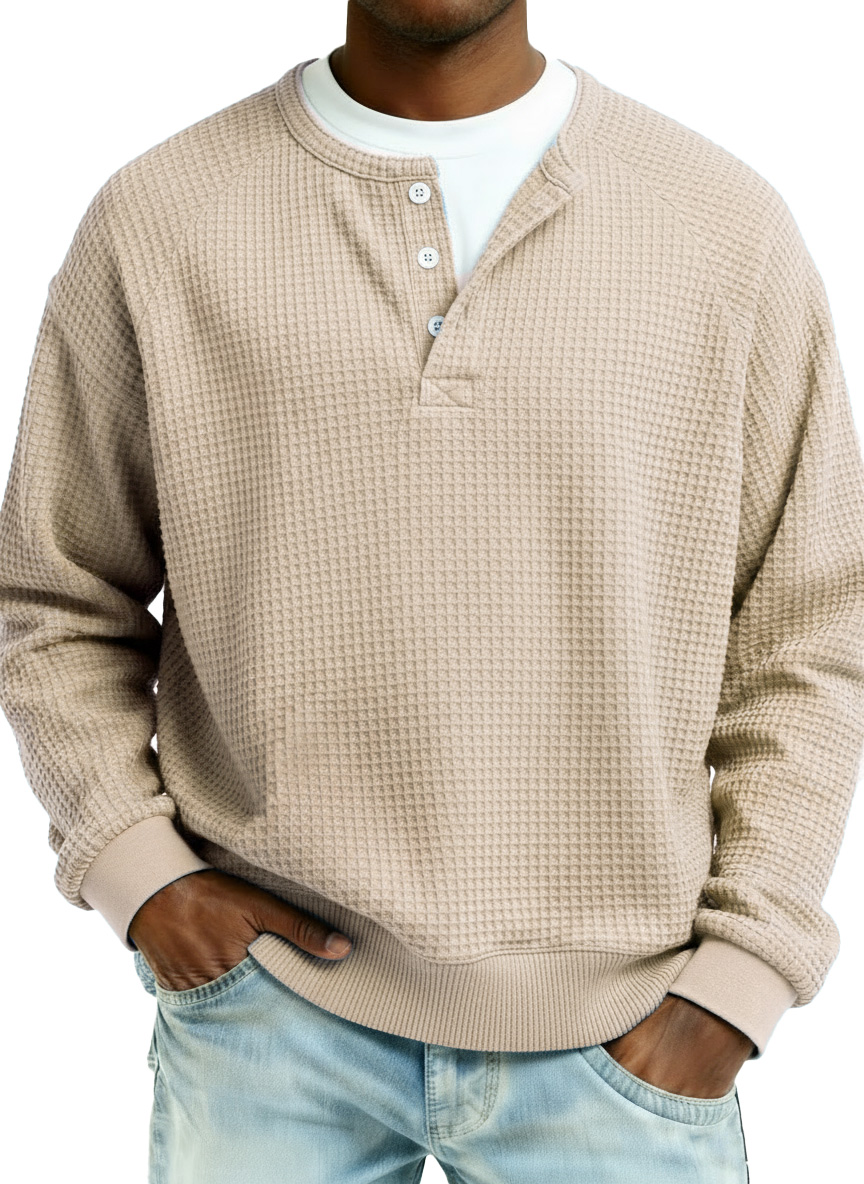Men's Fashion Casual Waffle Fabric Raglan Long-Sleeve Top
