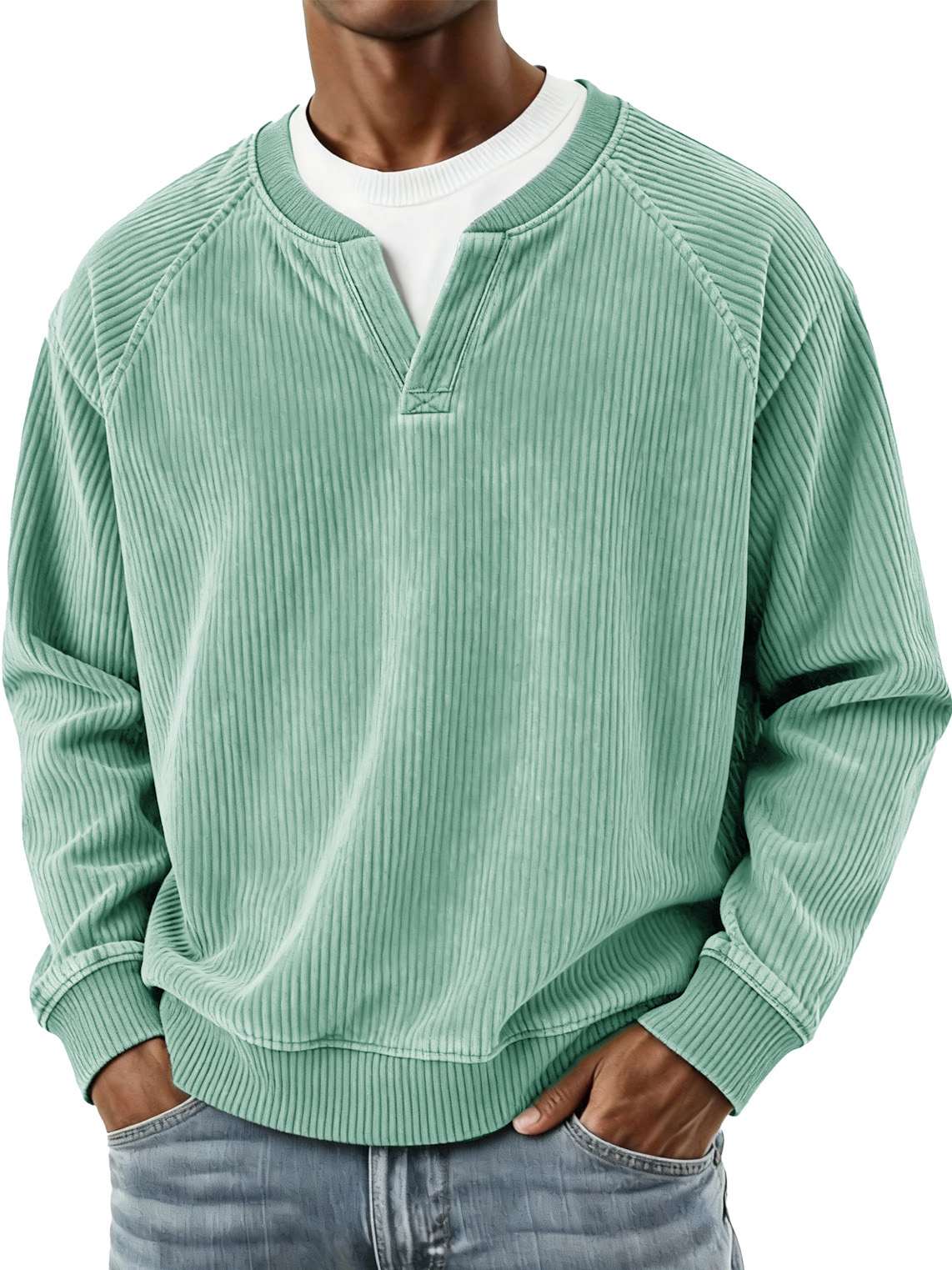 Men's Fashionable Casual Vertical Striped Corduroy Fabric Faux Two-piece Long-sleeved Top