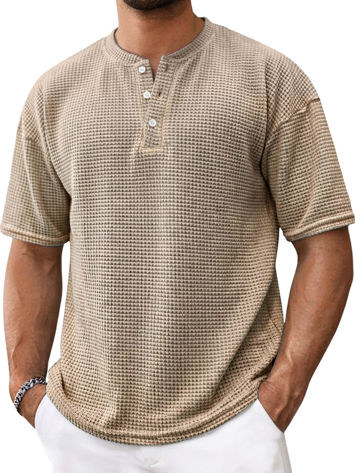 Men's Casual Textured Solid Color Short-Sleeve Henley Shirt