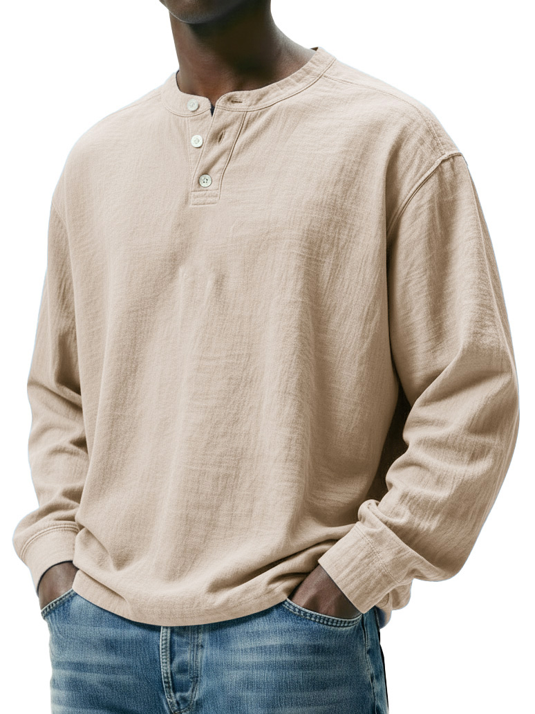 Men's Fashionable Casual Linen Fabric Long-sleeved Henley Shirt