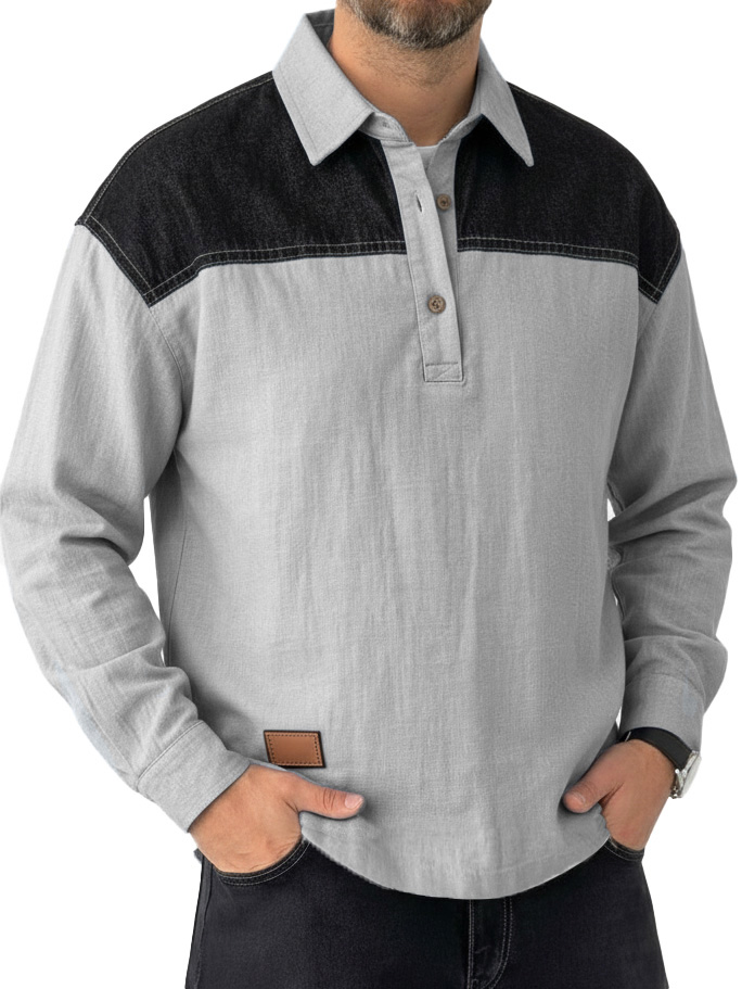 Men's Fashionable Casual Patchwork Collared Loose Long-Sleeve Polo Shirt