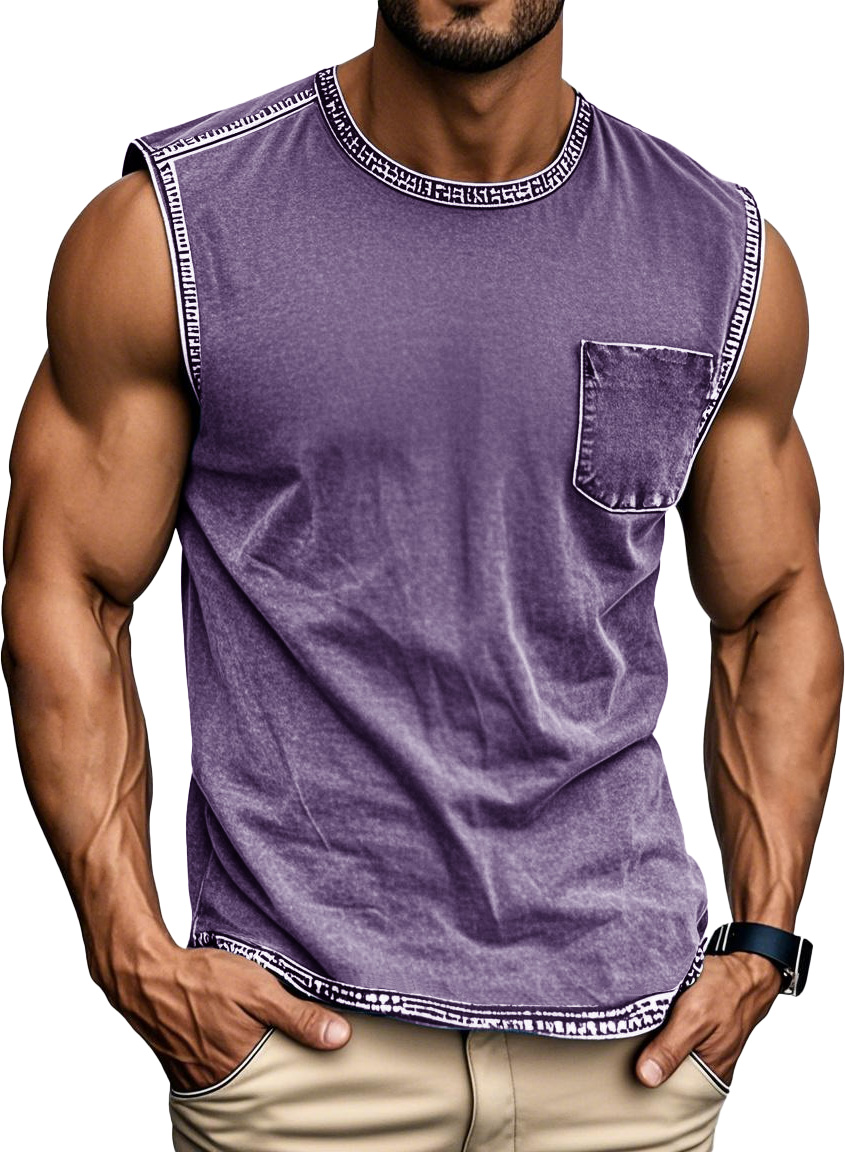 Men's Fashion Retro Distressed Round Neck Pocket Sleeveless T-shirt
