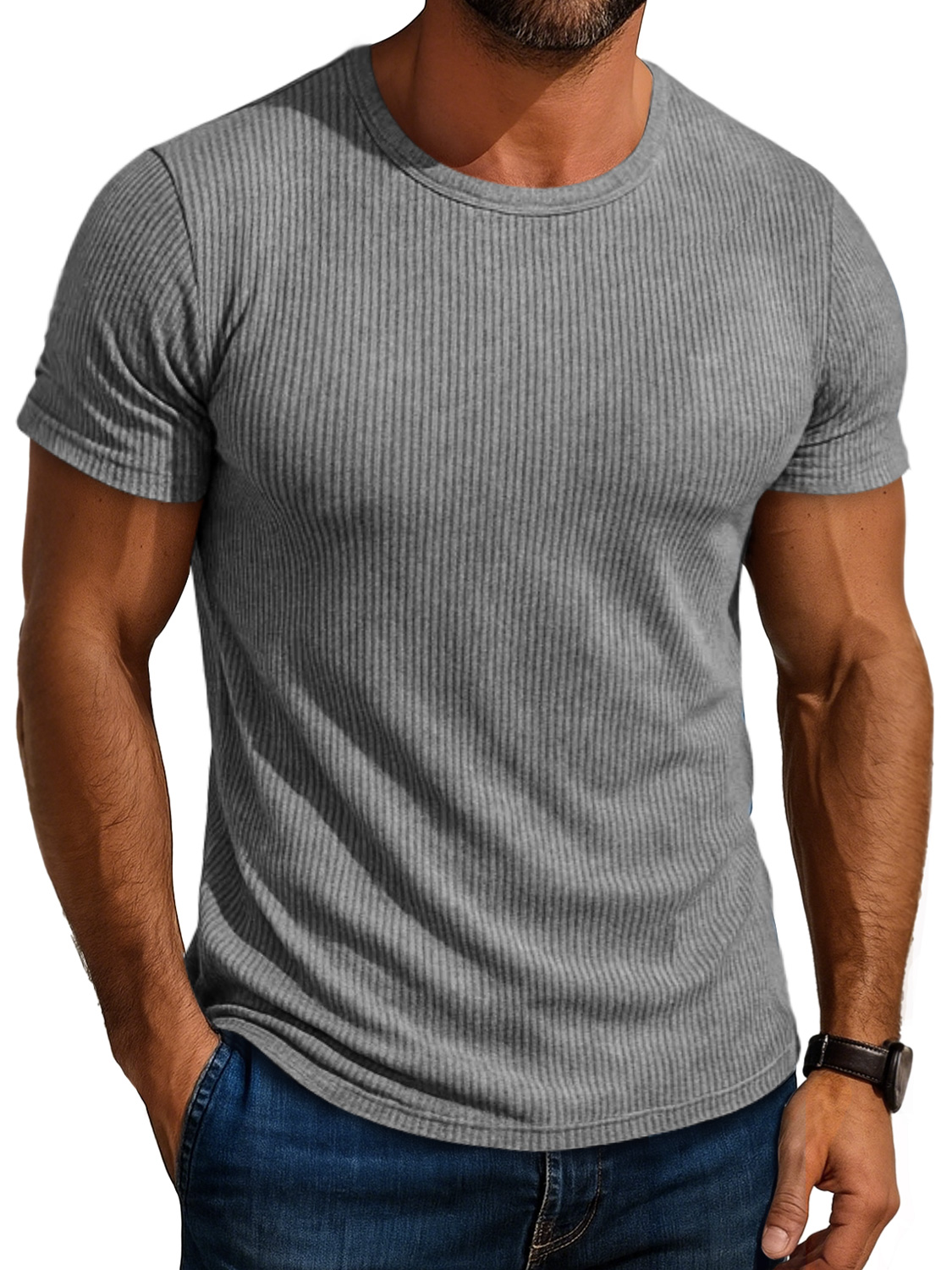 Men's Daily Round Neck Ribbed Casual Comfortable Solid Color Short-sleeved T-shirt