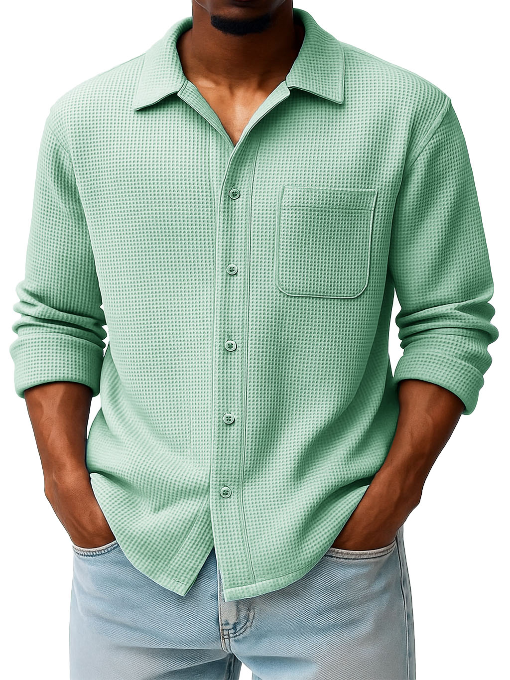 Men's Fashion Casual Waffle Fabric Pocket Long Sleeve Lapel Shirt