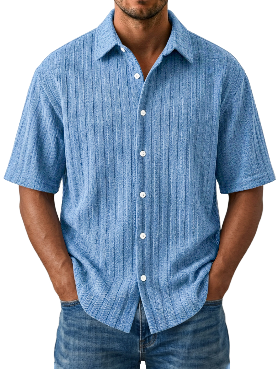 Men's Casual Striped Jacquard Short Sleeve Shirt