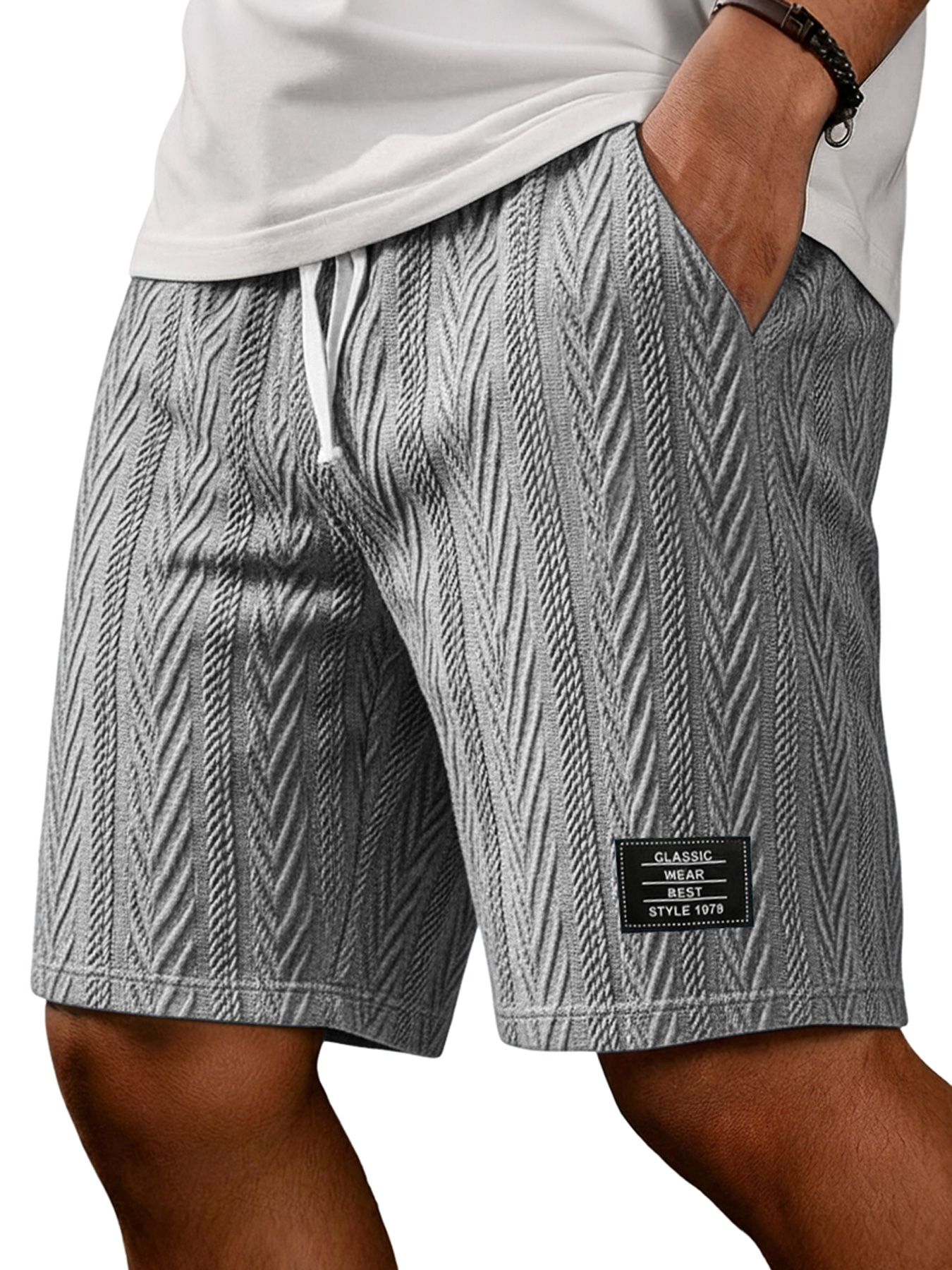 Men's Fashion Textured Embroidered Logo Casual Loose Shorts