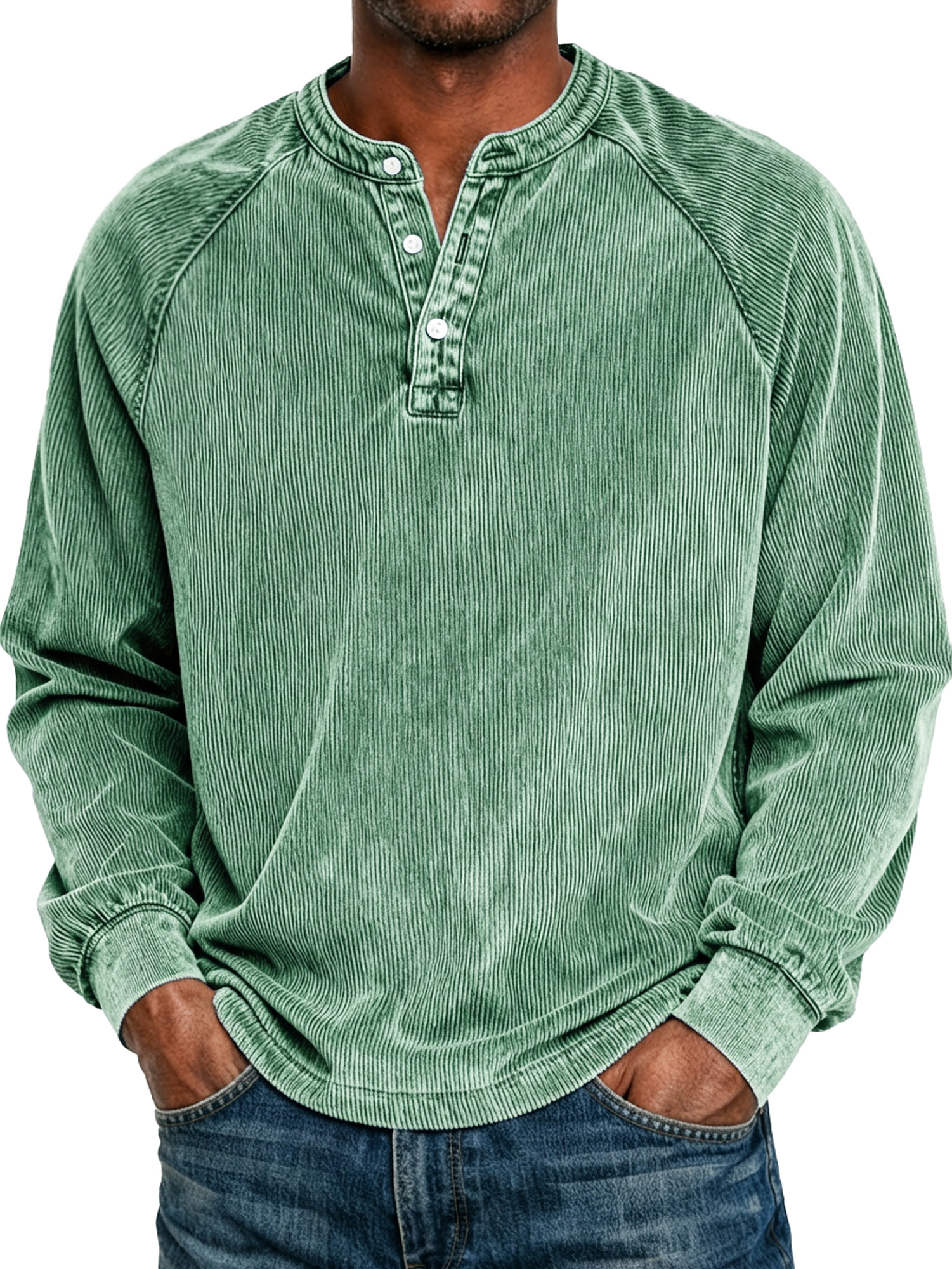 Men's Retro Raglan Corduroy Casual Long-Sleeve Henley Shirt