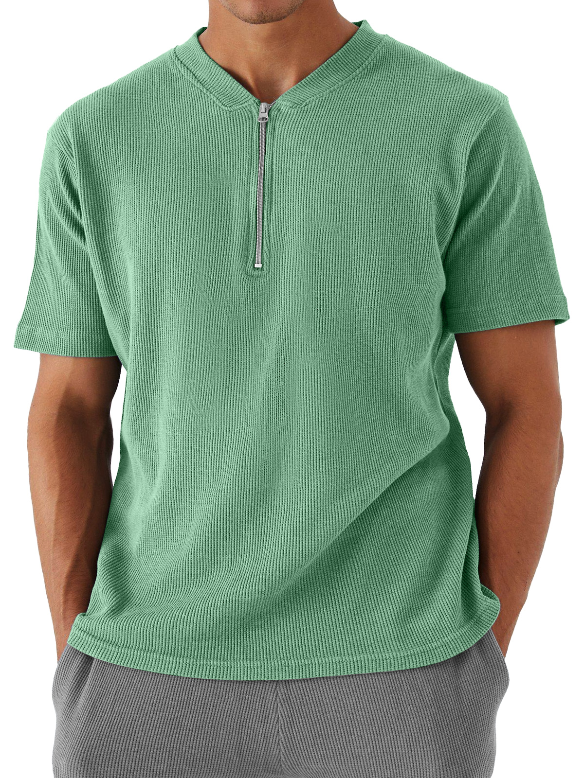 Men's Waffle Zipper Casual Solid Color Short Sleeve T-shirt