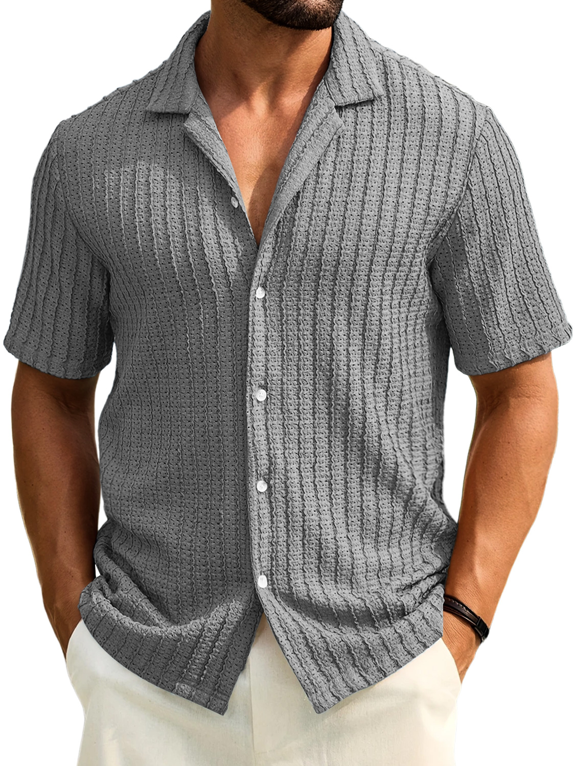 Men's Daily Casual Texture Lapel Comfortable Short-sleeved Shirt