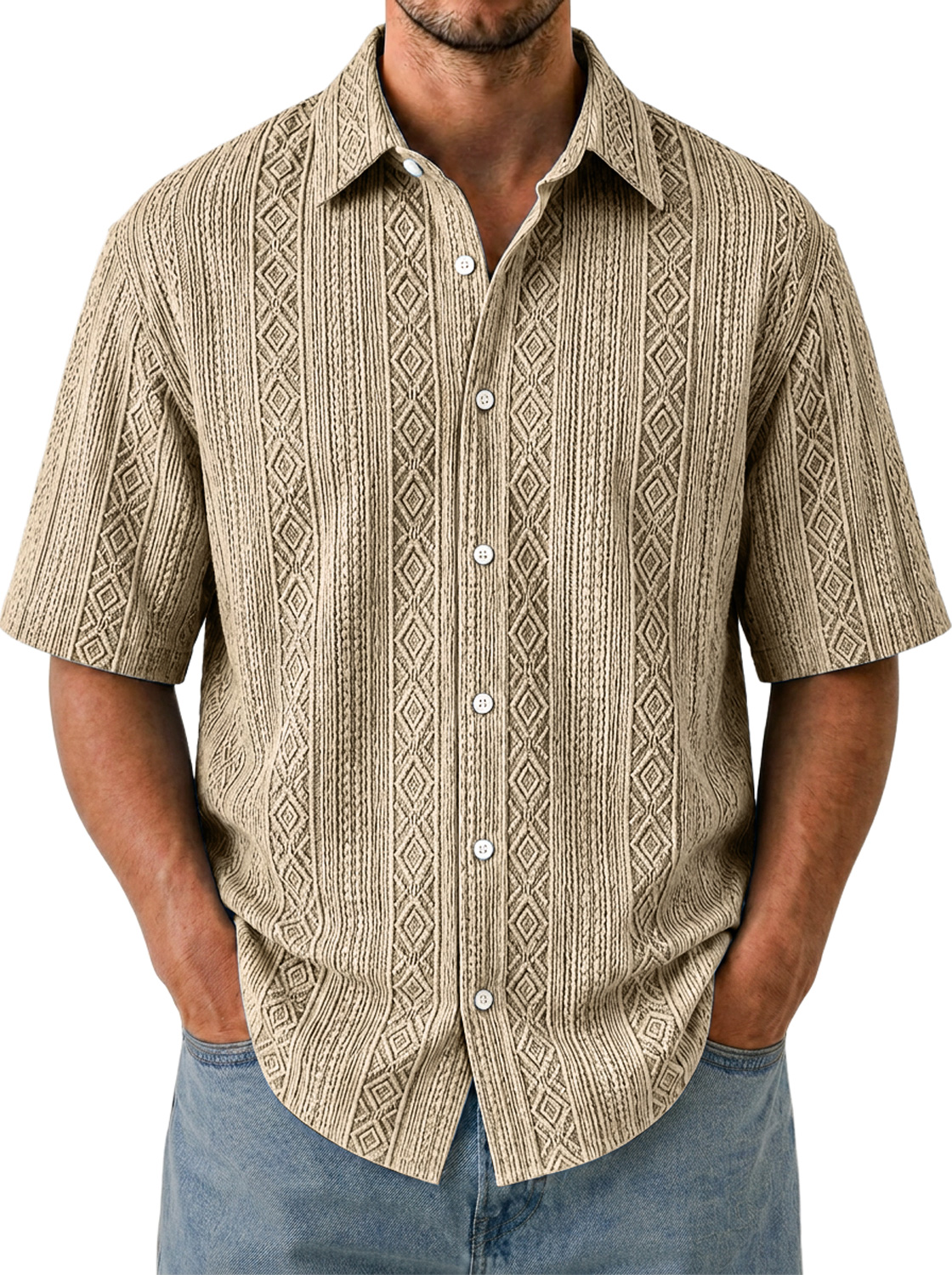 Men's Solid-Color Short-Sleeve Casual Shirt with Jacquard Texture