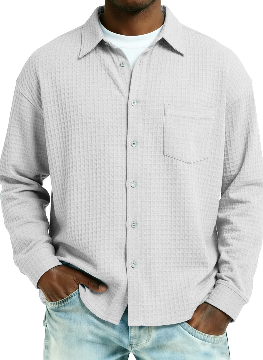Men's Fashionable Retro Large Waffle Fabric Pocket Long-Sleeved Collared Shirt