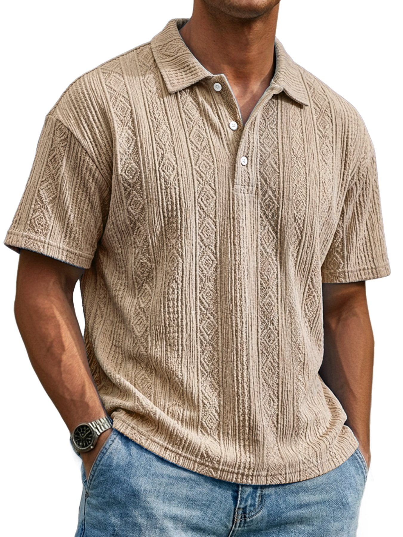 Men's Everyday Textured Collar Button-down Casual Short-sleeved Polo Shirt