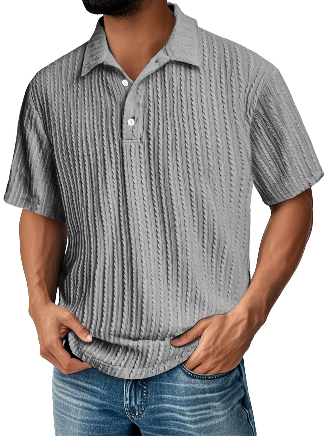 Men's Daily Lapel Jacquard Texture Casual Solid Color Short-sleeved Polo Shirt