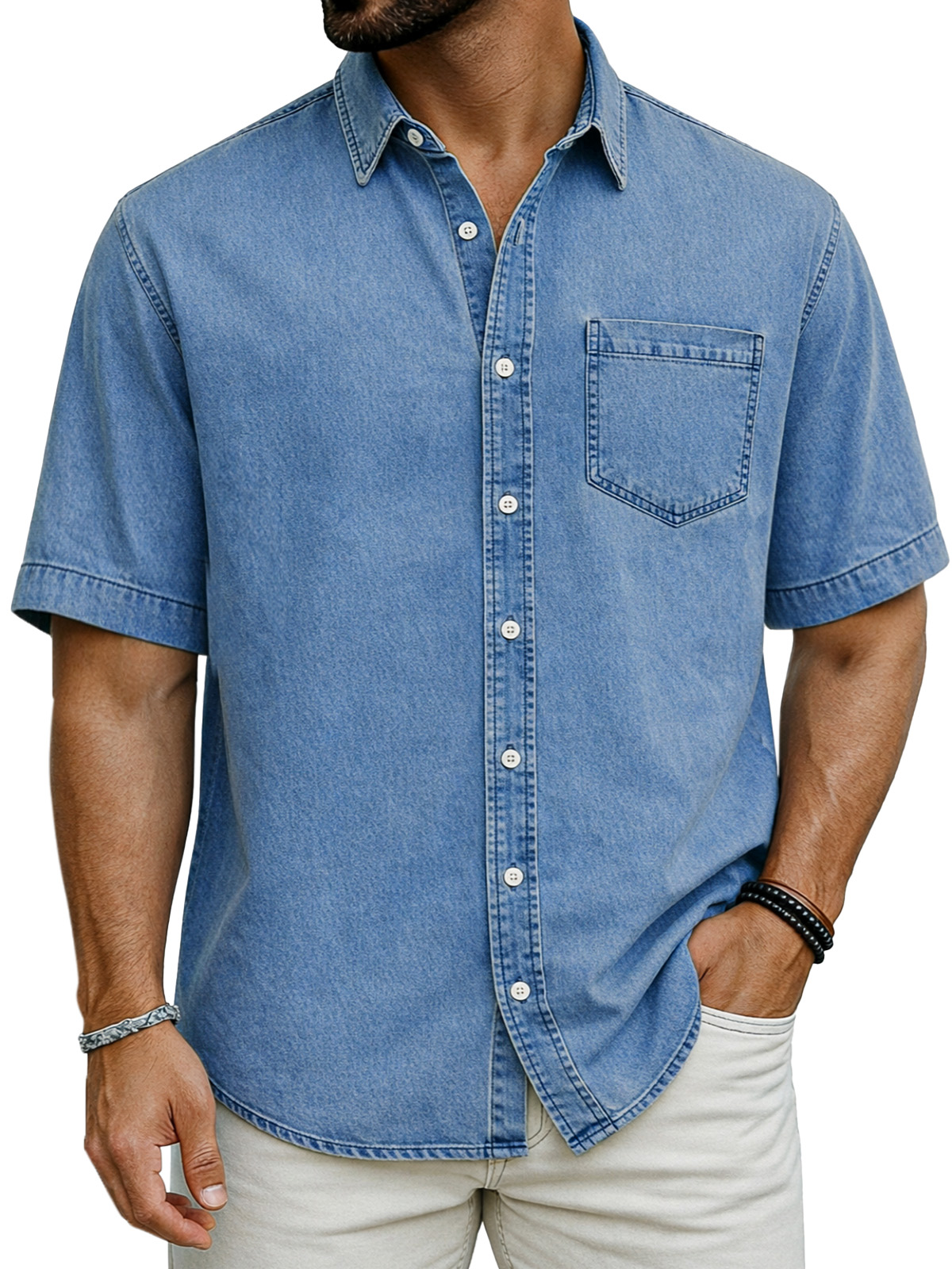 Retro Simple Solid Color Short-Sleeve Shirt with Chest Pocket