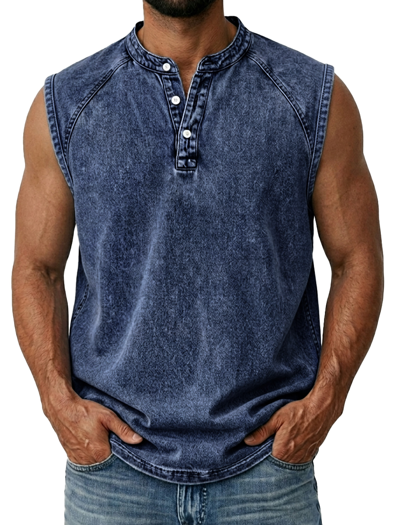 Men's Retro Raglan Collar Button Casual Sleeveless Henley Shirt