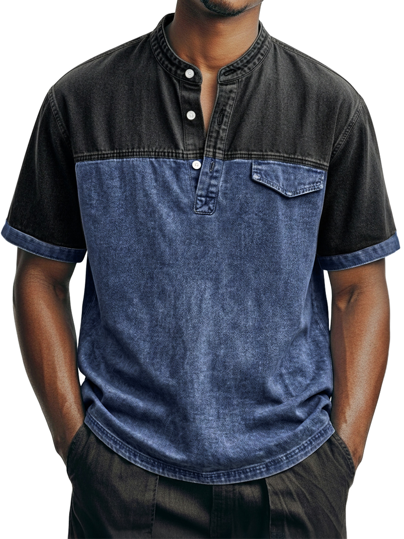 Men's Retro Color Block Casual Stand Collar Button-Down Short Sleeve Henley Shirt