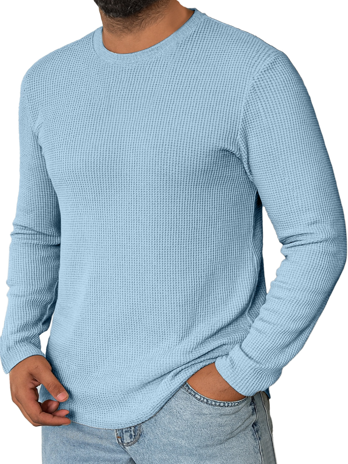 Men's Daily Simple Solid Color Waffle Round Neck Long-sleeved T-shirt