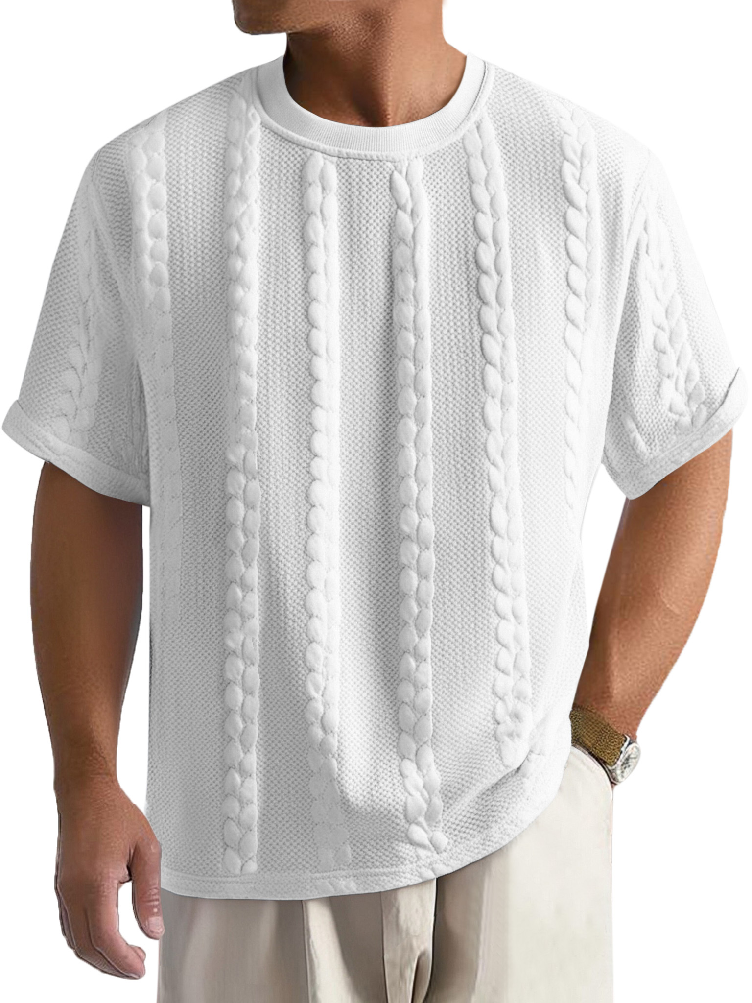 Men's Casual Solid Color Texture Loose Round Neck Short-sleeved T-shirt