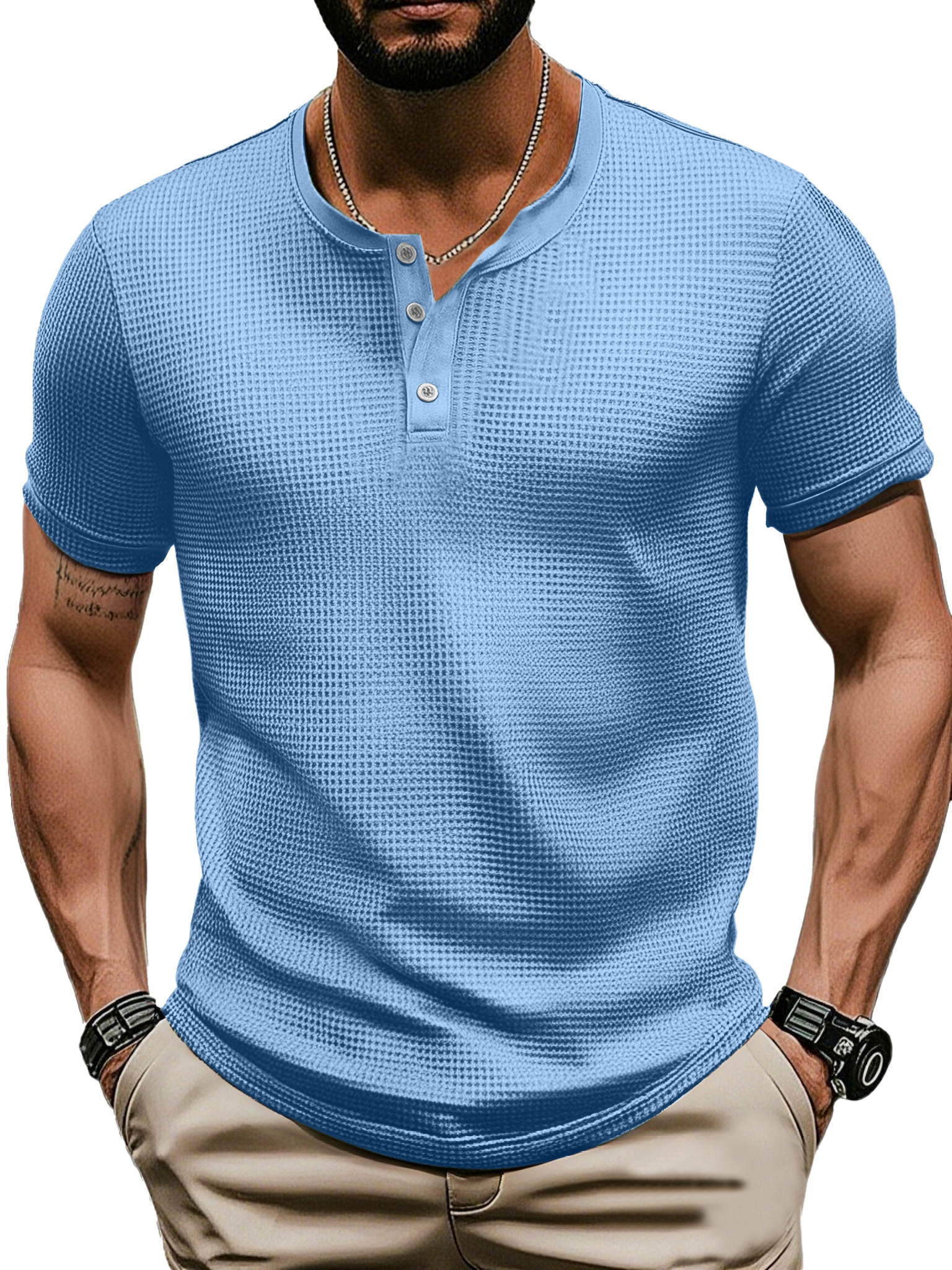 Men's Casual Solid Color Waffle Short Sleeve Three Button Henley Shirt