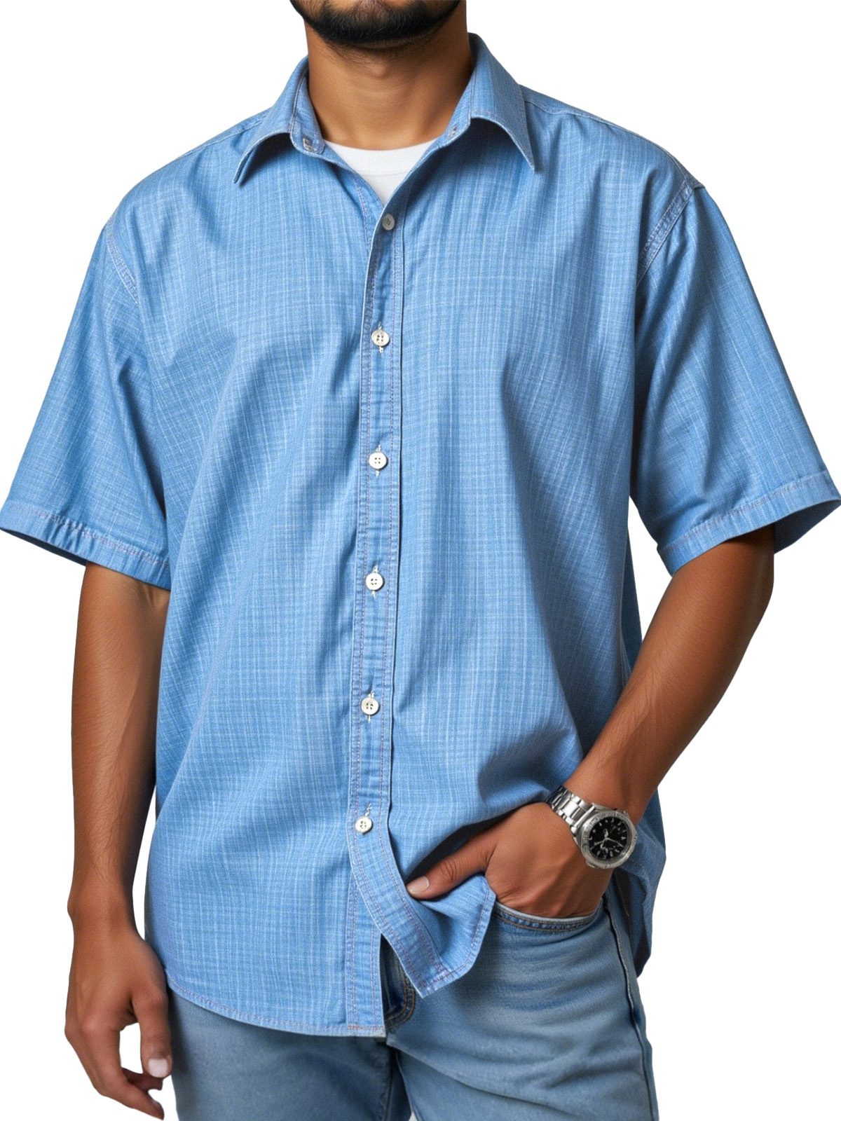 Men's casual and versatile imitation linen short-sleeved lapel shirt